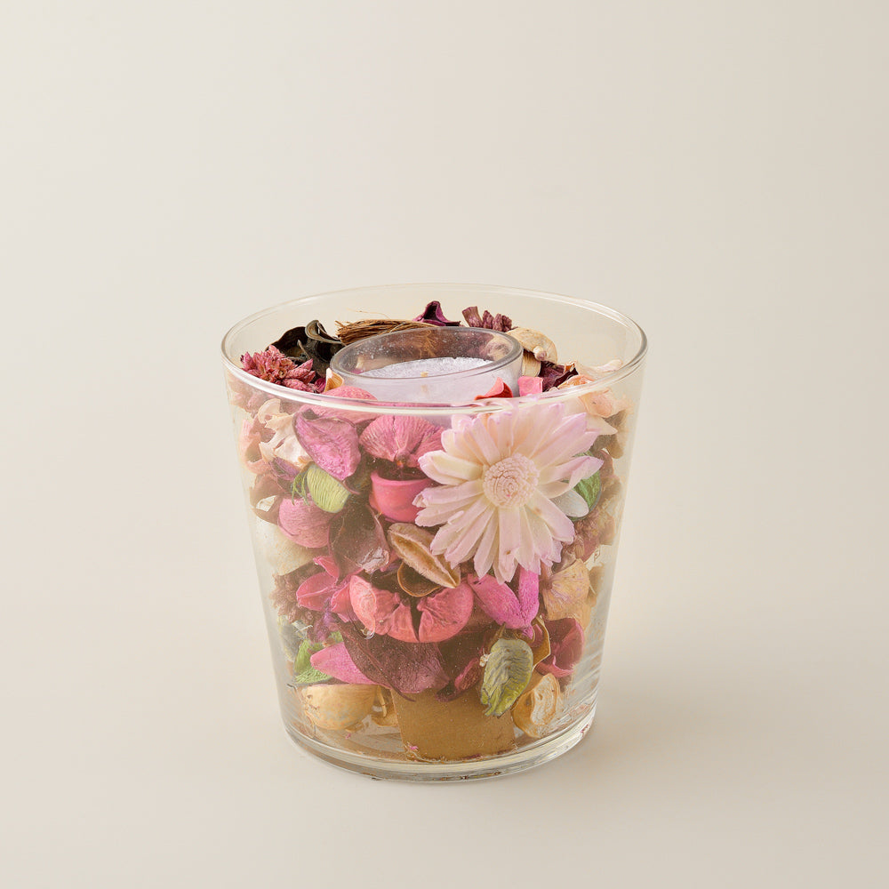 Pink Floral Potpourri Candle in Glass Vase – Fragrant Decorative Tabletop Accent for Home & Office