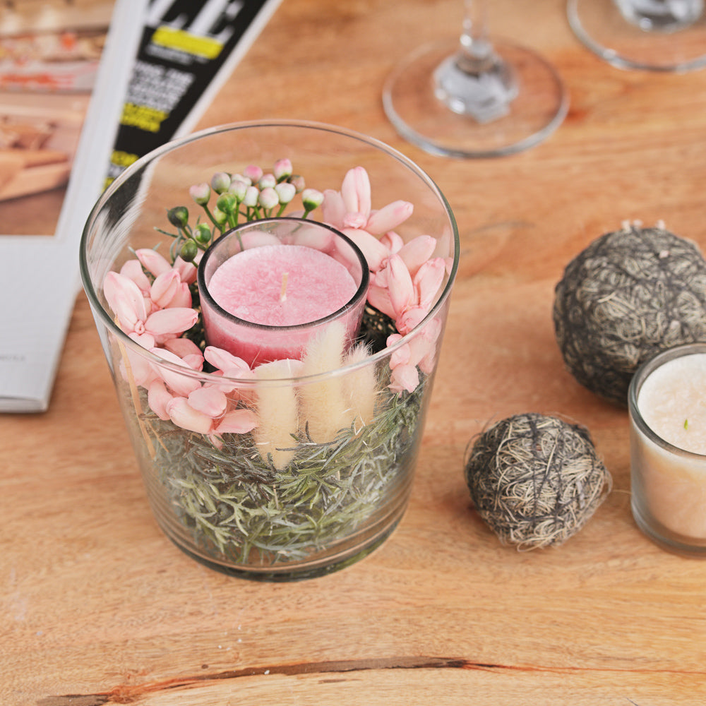 Pink Floral Potpourri Candle in Glass Vase – Fragrant Decorative Tabletop Accent for Home & Office