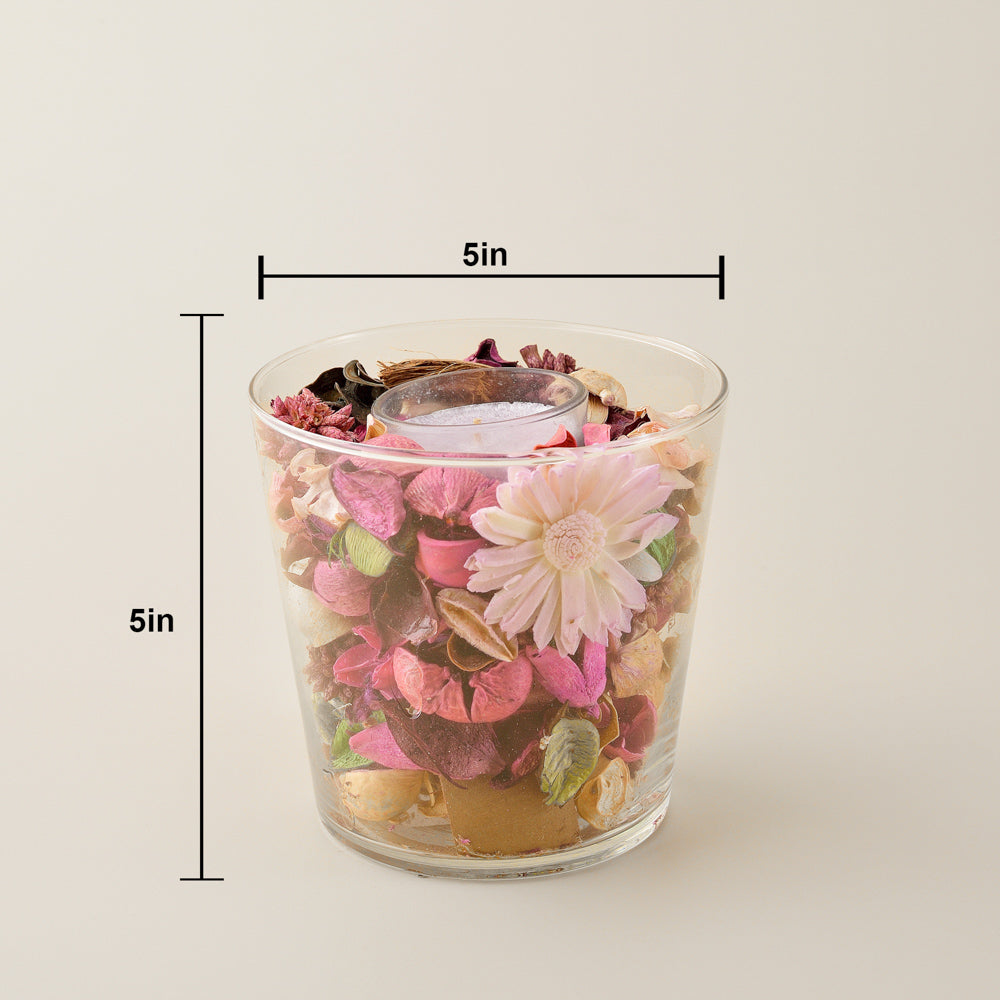 Pink Floral Potpourri Candle in Glass Vase – Fragrant Decorative Tabletop Accent for Home & Office