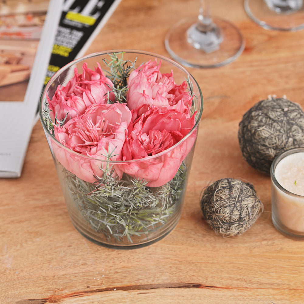 Artificial Pink Rose Bouquet in Glass Vase – Elegant Floral Tabletop Decor for Home & Office