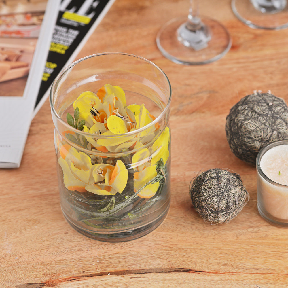 Yellow Artificial Flower Arrangement in Glass Vase – Elegant Home & Office Tabletop Decor