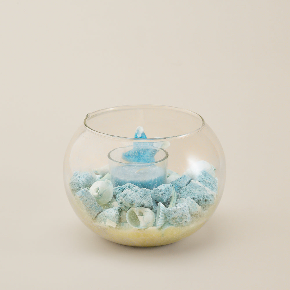 Elegant Blue Candle Holder with Decorative Stones – Glass Tealight Holder for Home & Office Decor