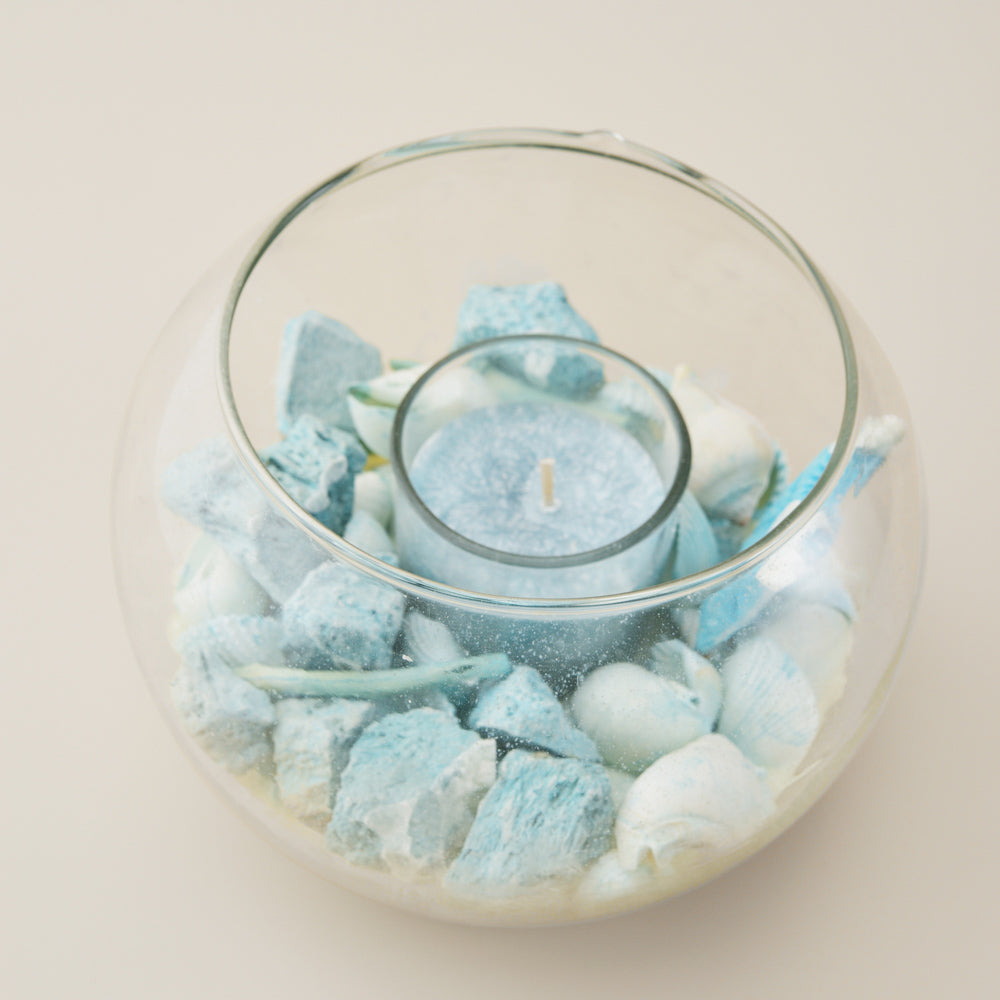 Elegant Blue Candle Holder with Decorative Stones – Glass Tealight Holder for Home & Office Decor