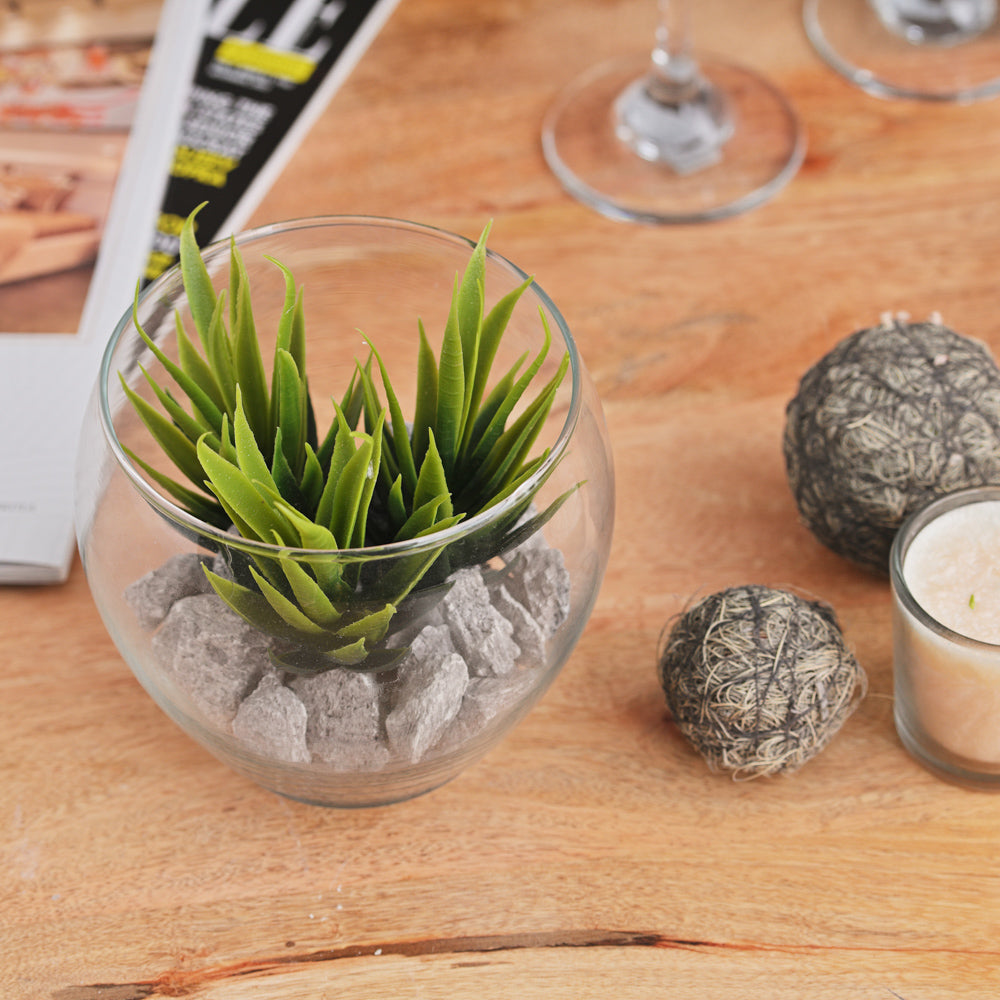 Artificial Green Succulent Plant in Glass Bowl with Pebbles – Modern Tabletop Decor for Home & Office
