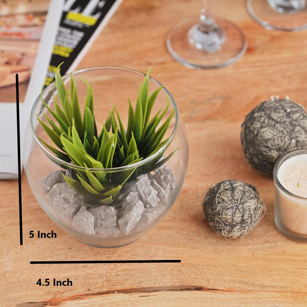 Artificial Green Succulent Plant in Glass Bowl with Pebbles – Modern Tabletop Decor for Home & Office
