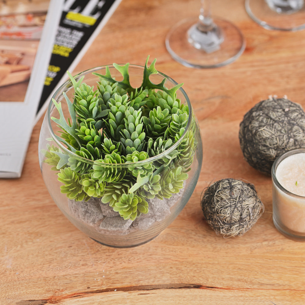 Artificial Green Succulent Plant in Glass Bowl with Pebbles – Modern Tabletop Decor for Home & Office