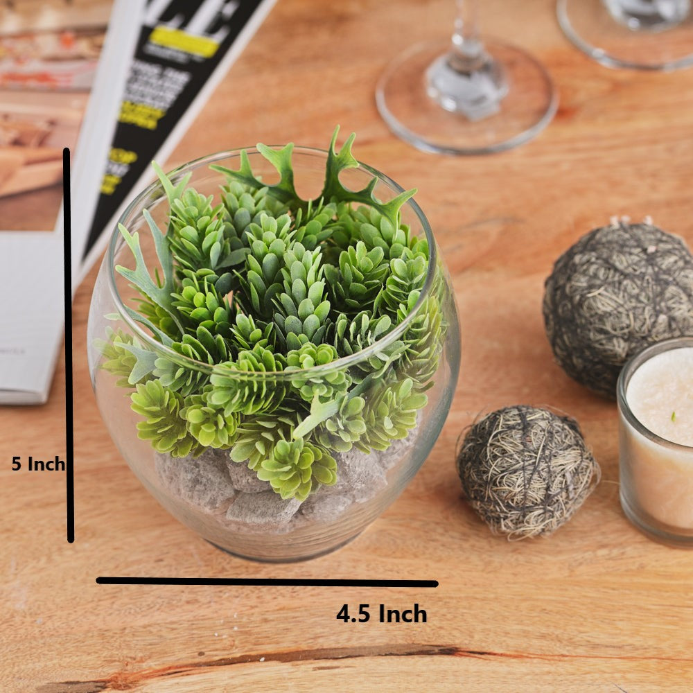 Artificial Green Succulent Plant in Glass Bowl with Pebbles – Modern Tabletop Decor for Home & Office