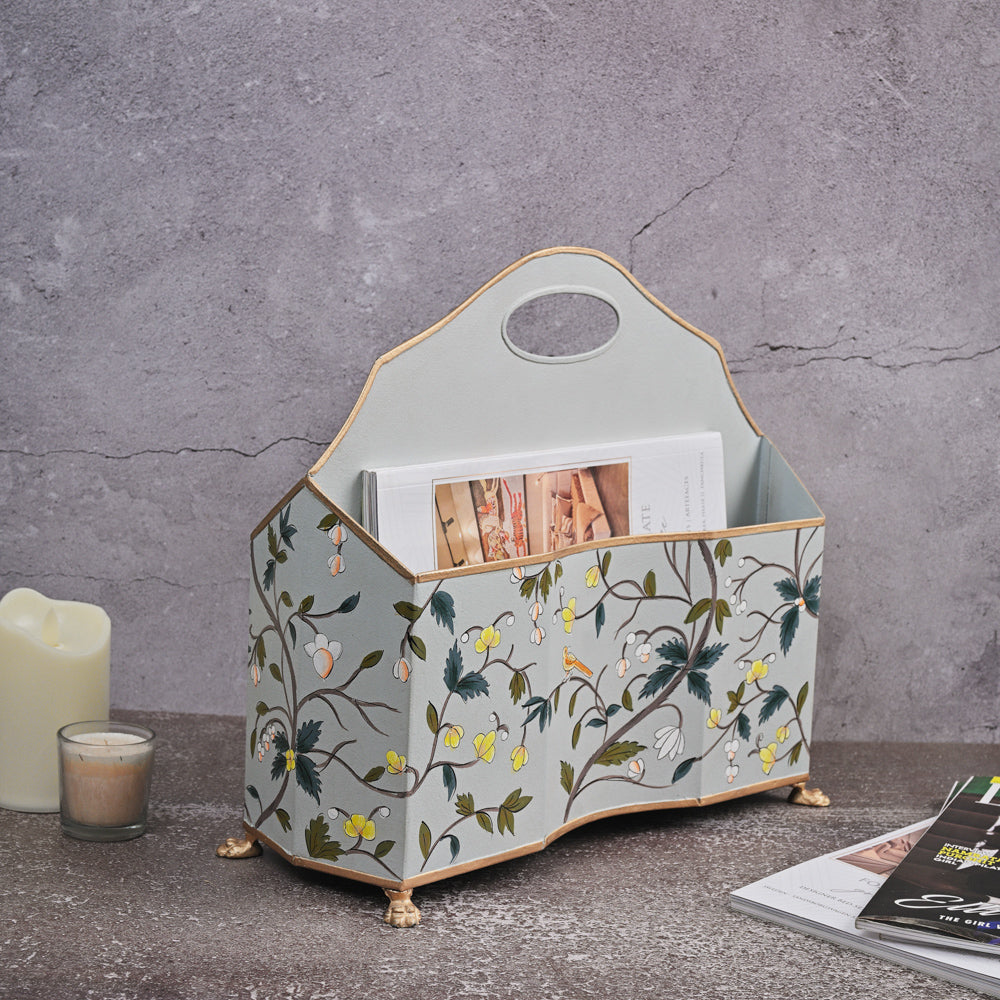 Hand-Painted Magazine Holder – Sky Blue with Floral and Bird Motif