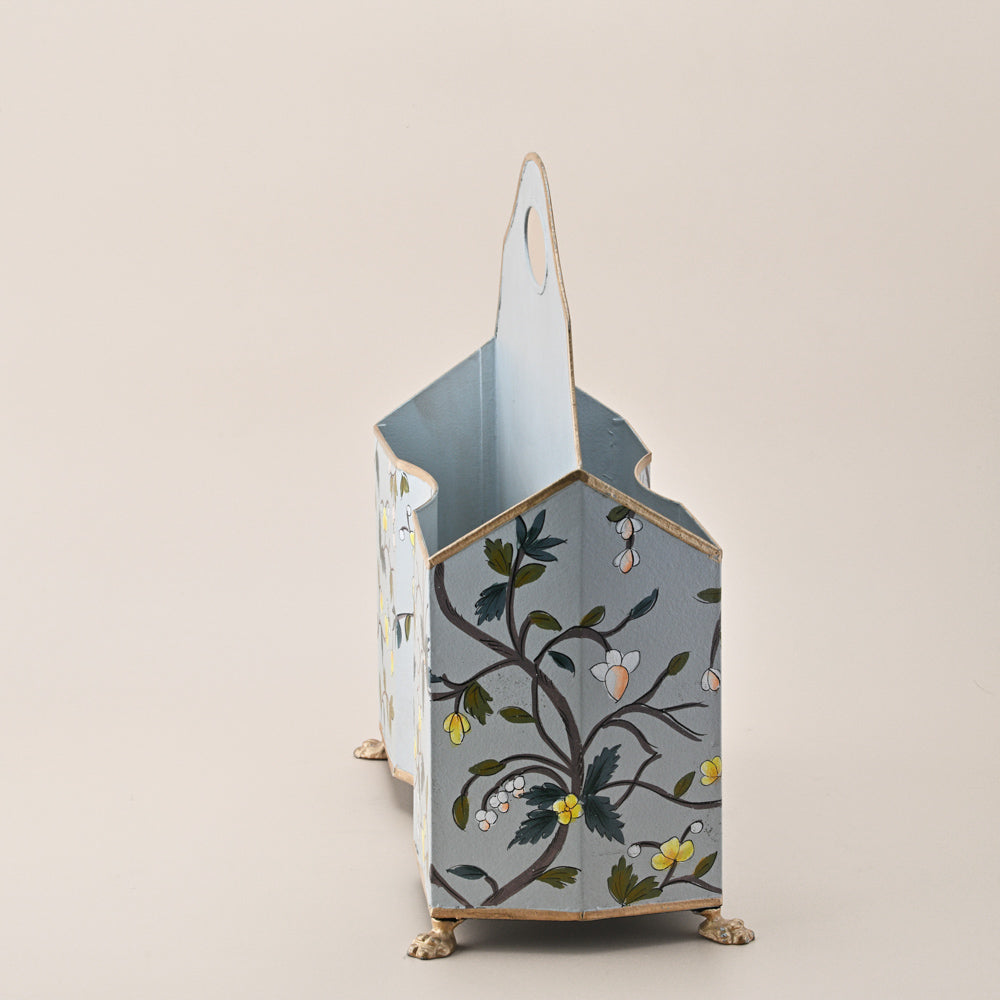 Hand-Painted Magazine Holder – Sky Blue with Floral and Bird Motif