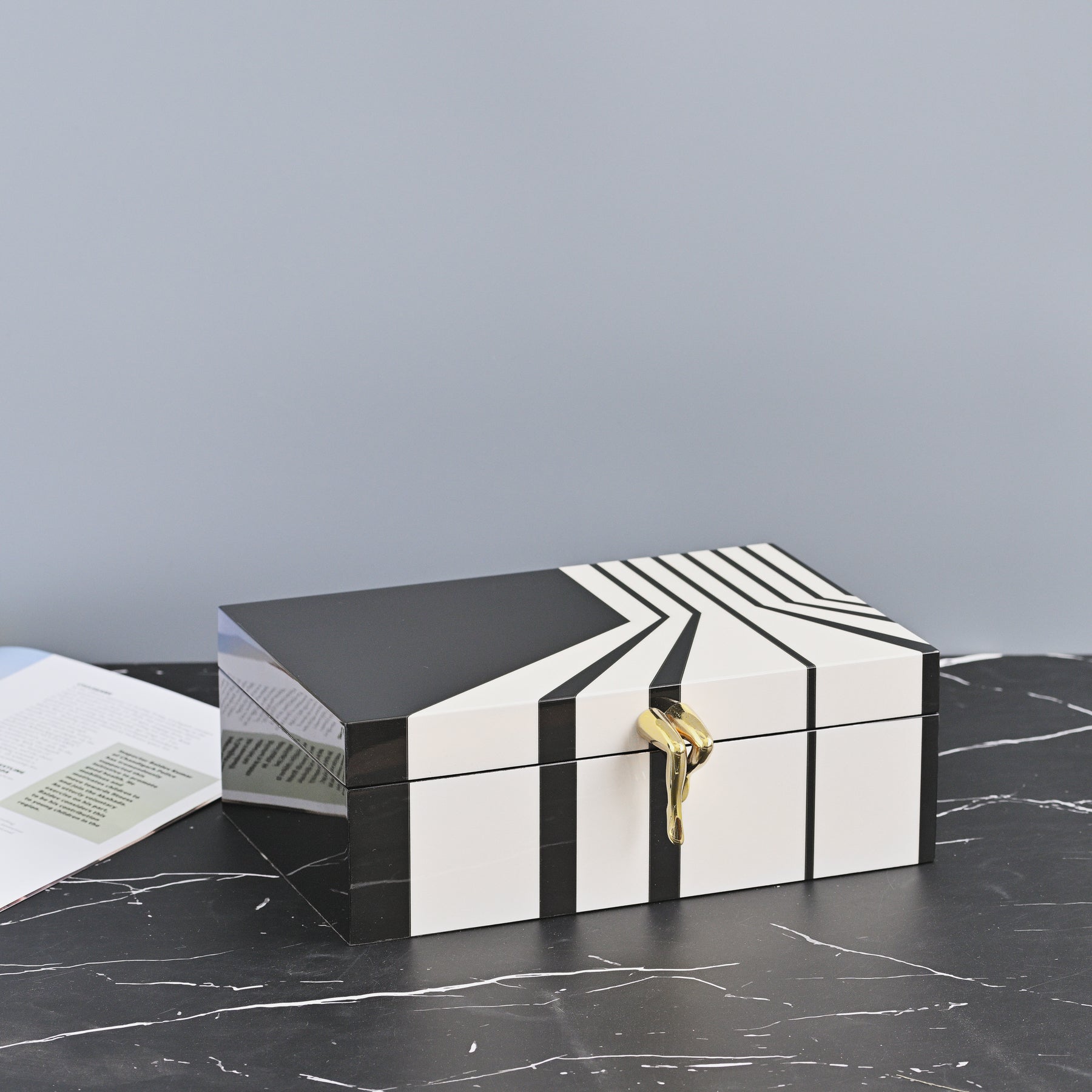 BLACK STORAGE BOX WITH WHITE STRIPS