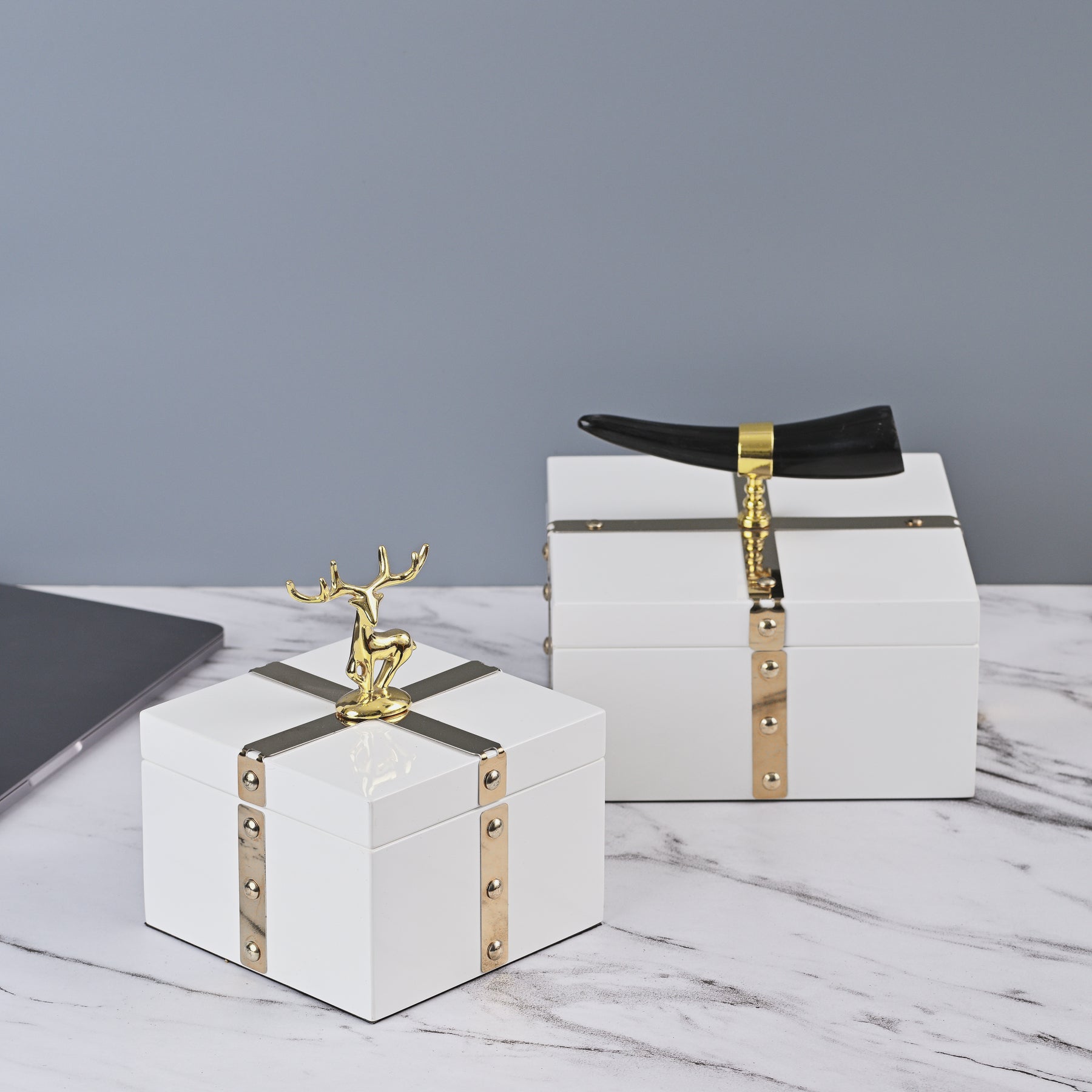 WHITE SQUARE STORAGE BOX WITH BLACK HORN HANDLE