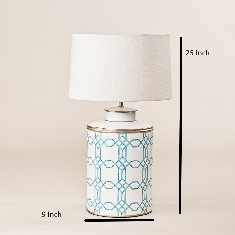 Handpainted White & Blue Metal Table Lamp – Geometric Art Décor for Modern Homes