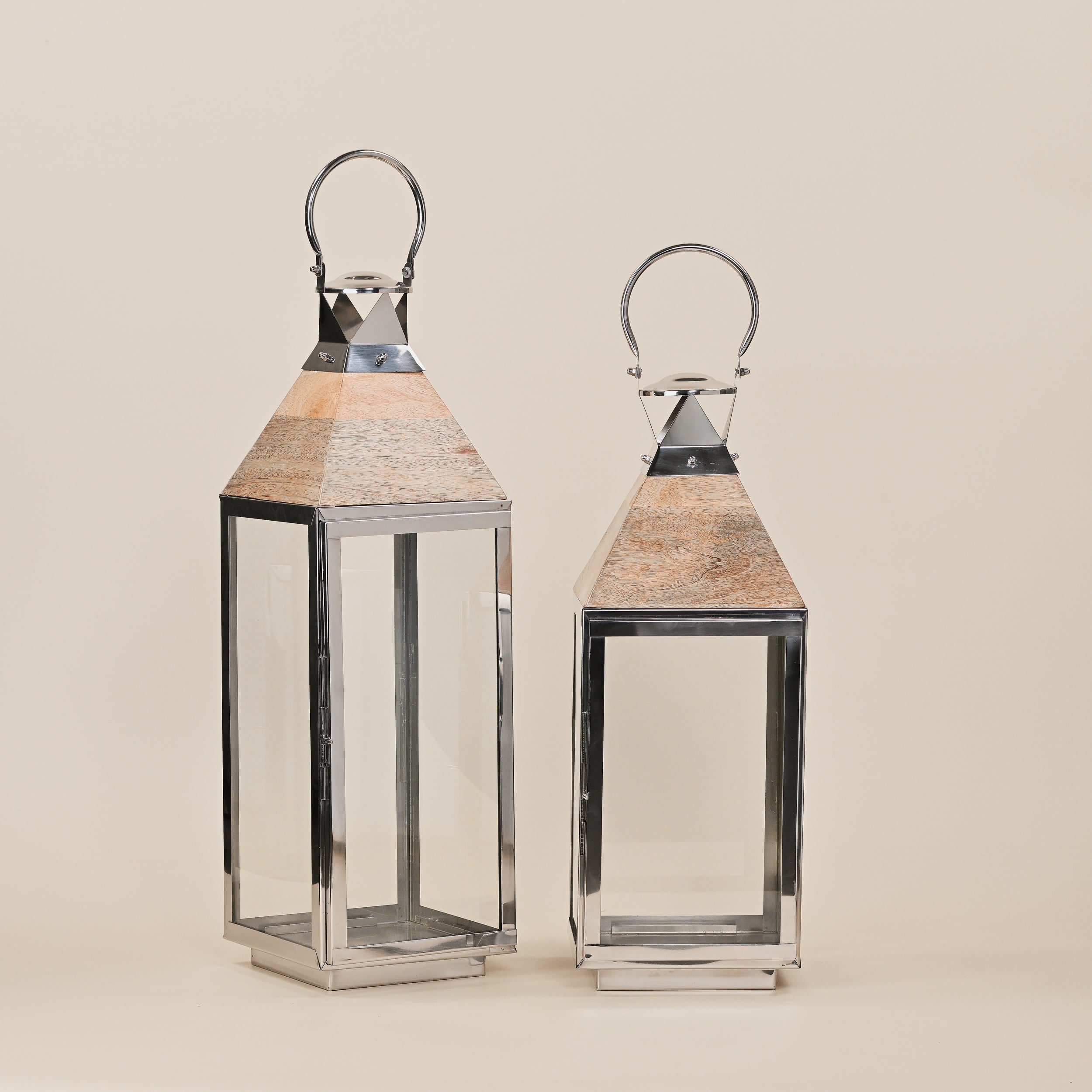 STAINLESS STEEL & WOODEN LANTERNS LARGE