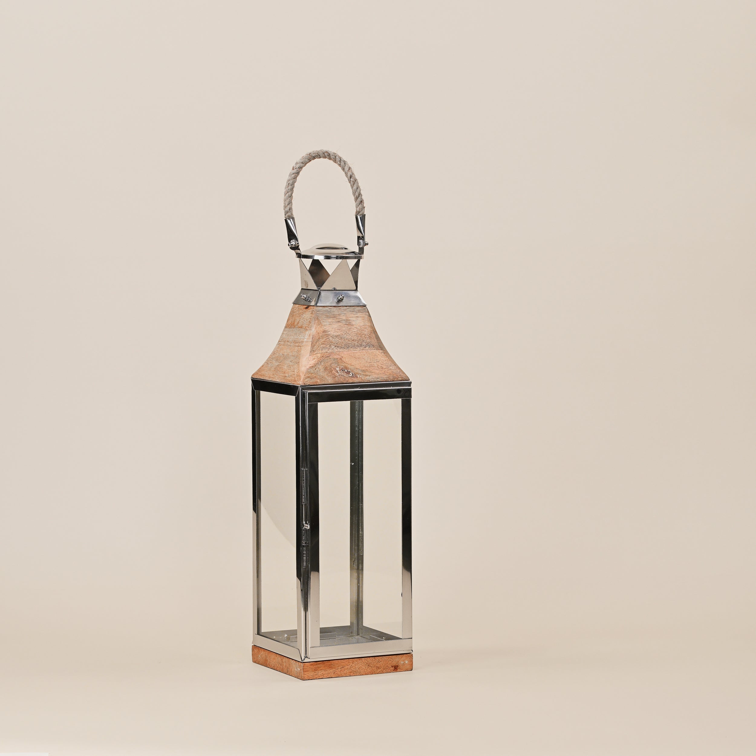 STAINLESS STEEL &  LANTERNS WITH WOODEN BASE LARGE