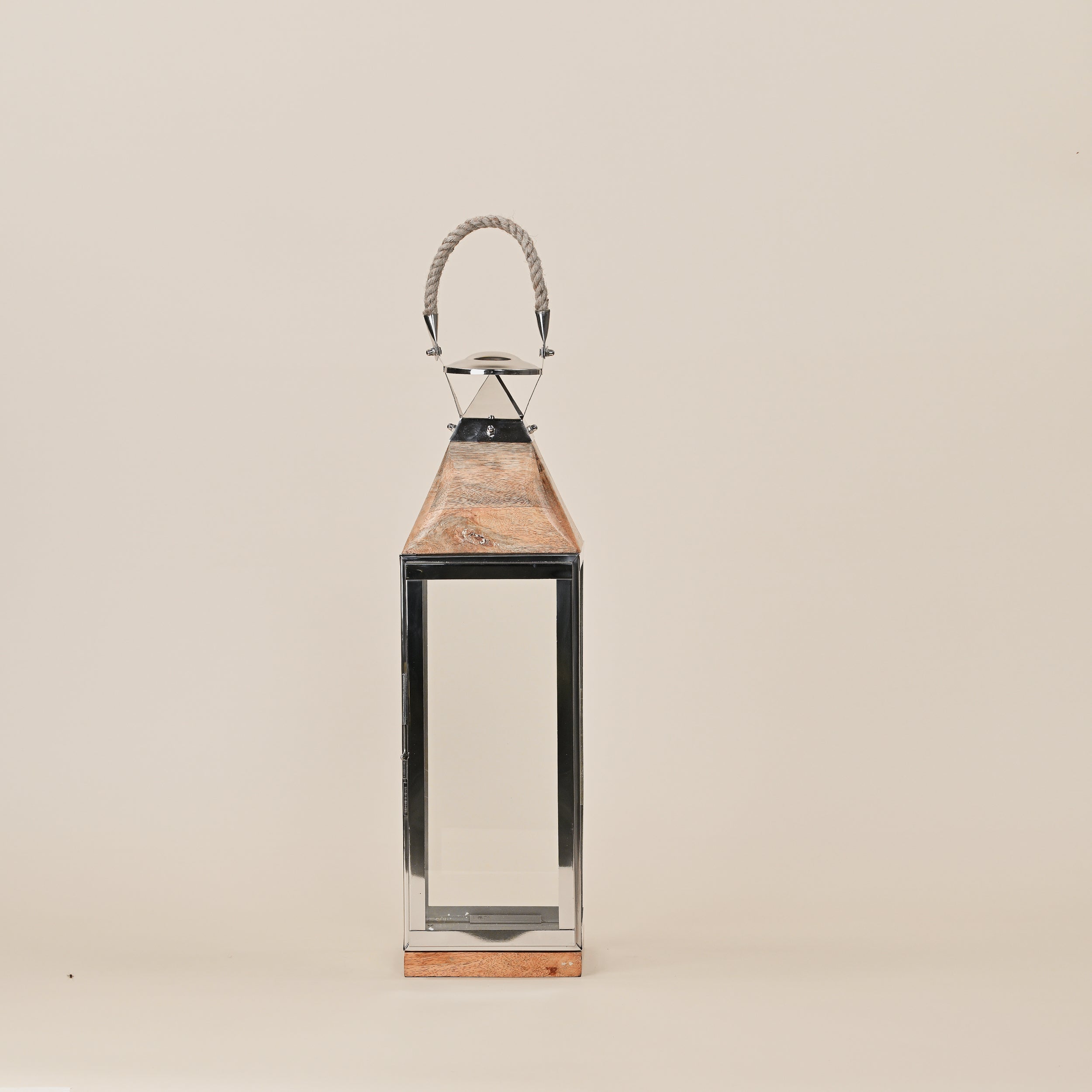 STAINLESS STEEL &  LANTERNS WITH WOODEN BASE LARGE