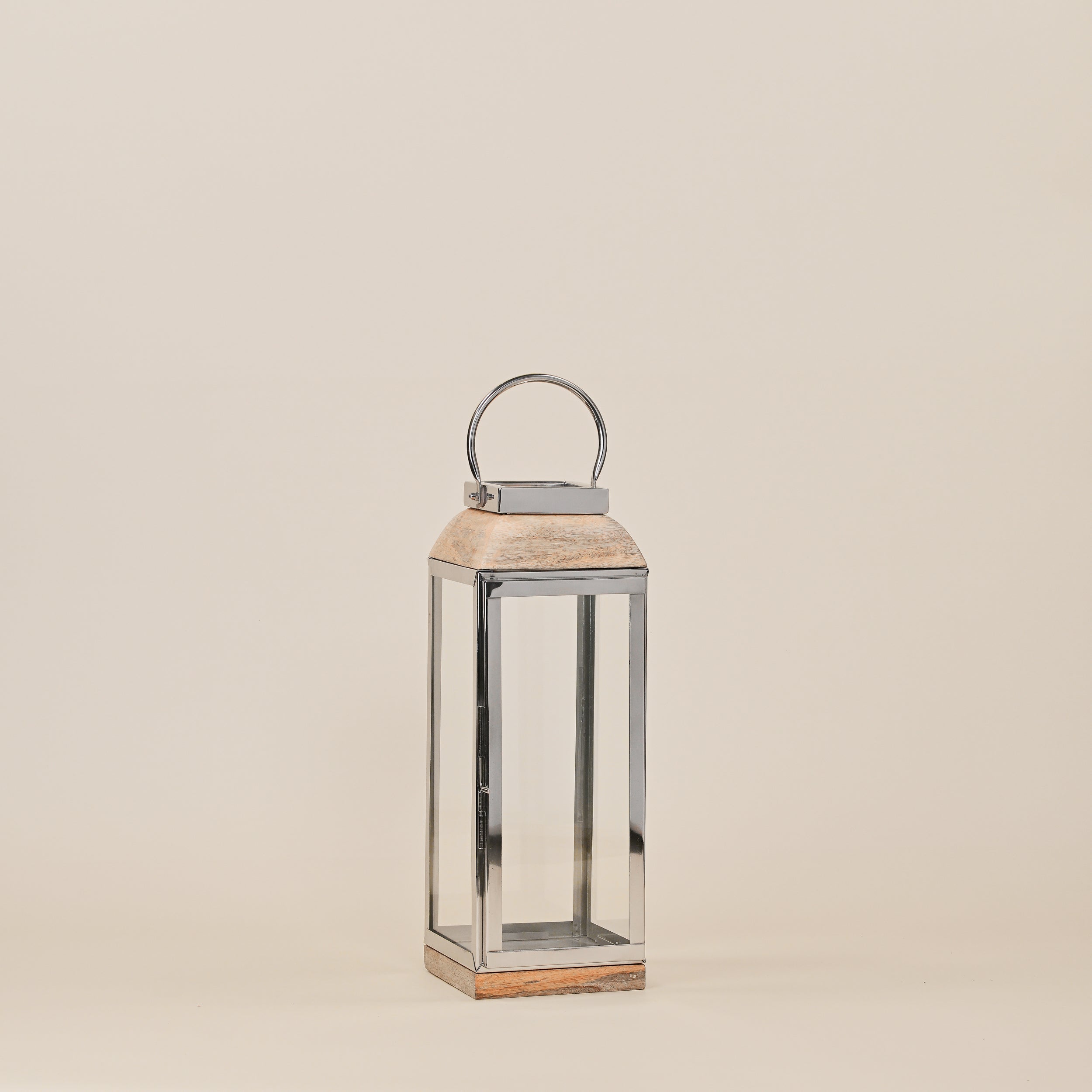 STAINLESS STEEL &  LANTERNS WITH WOODEN BASE LARGE