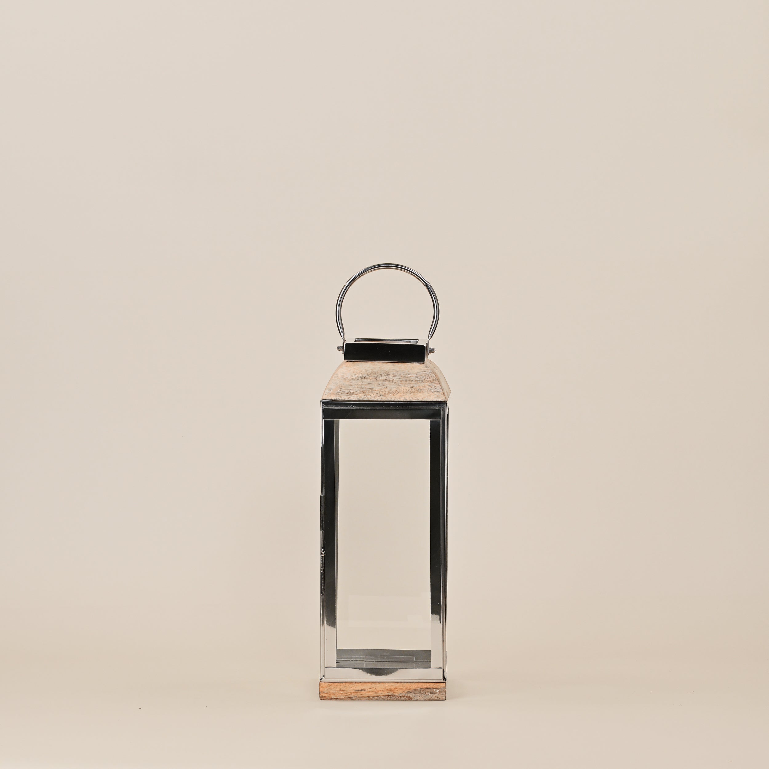 STAINLESS STEEL &  LANTERNS WITH WOODEN BASE LARGE