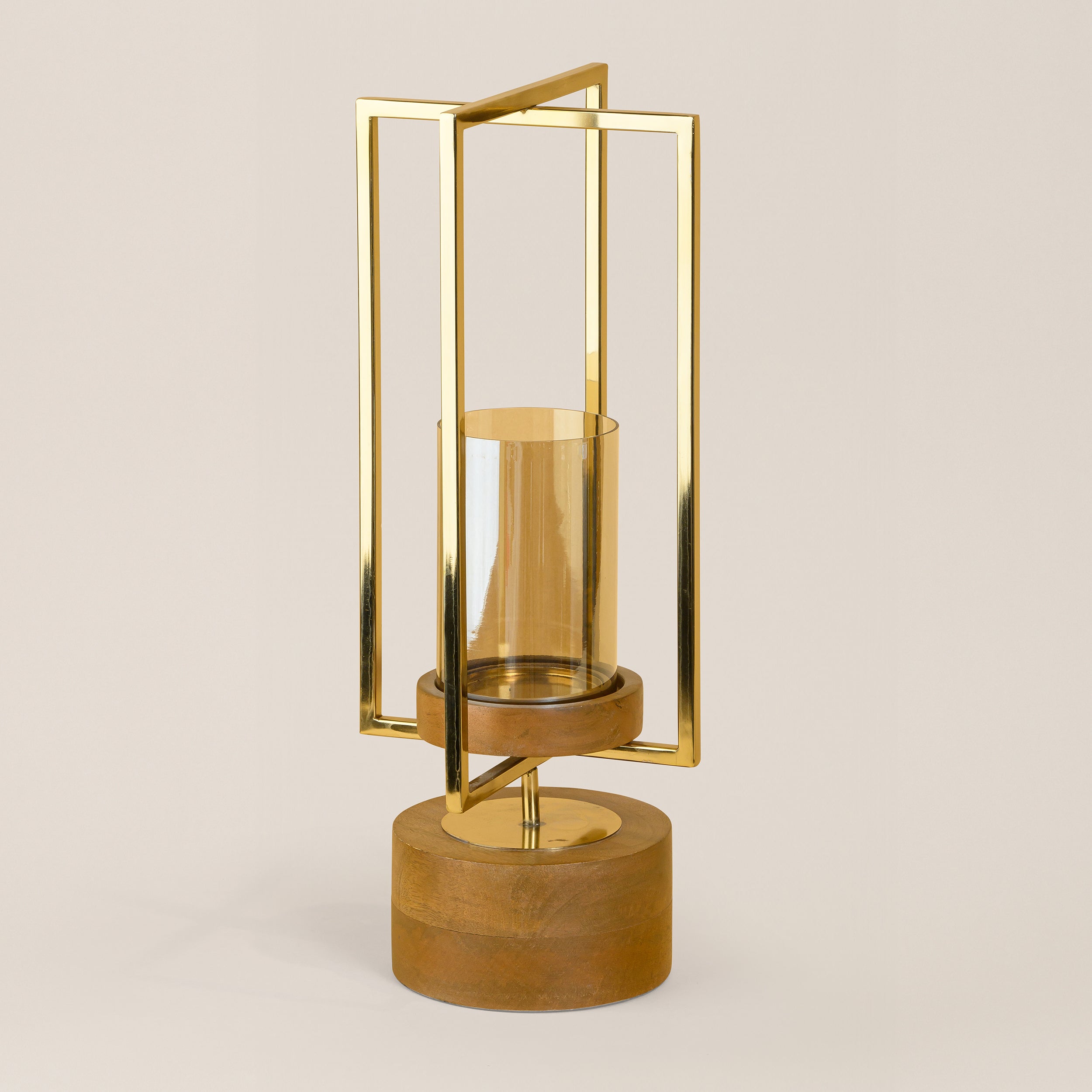 SQUARE LANTERN WITH GLASS & WODEN BASE LARGE
