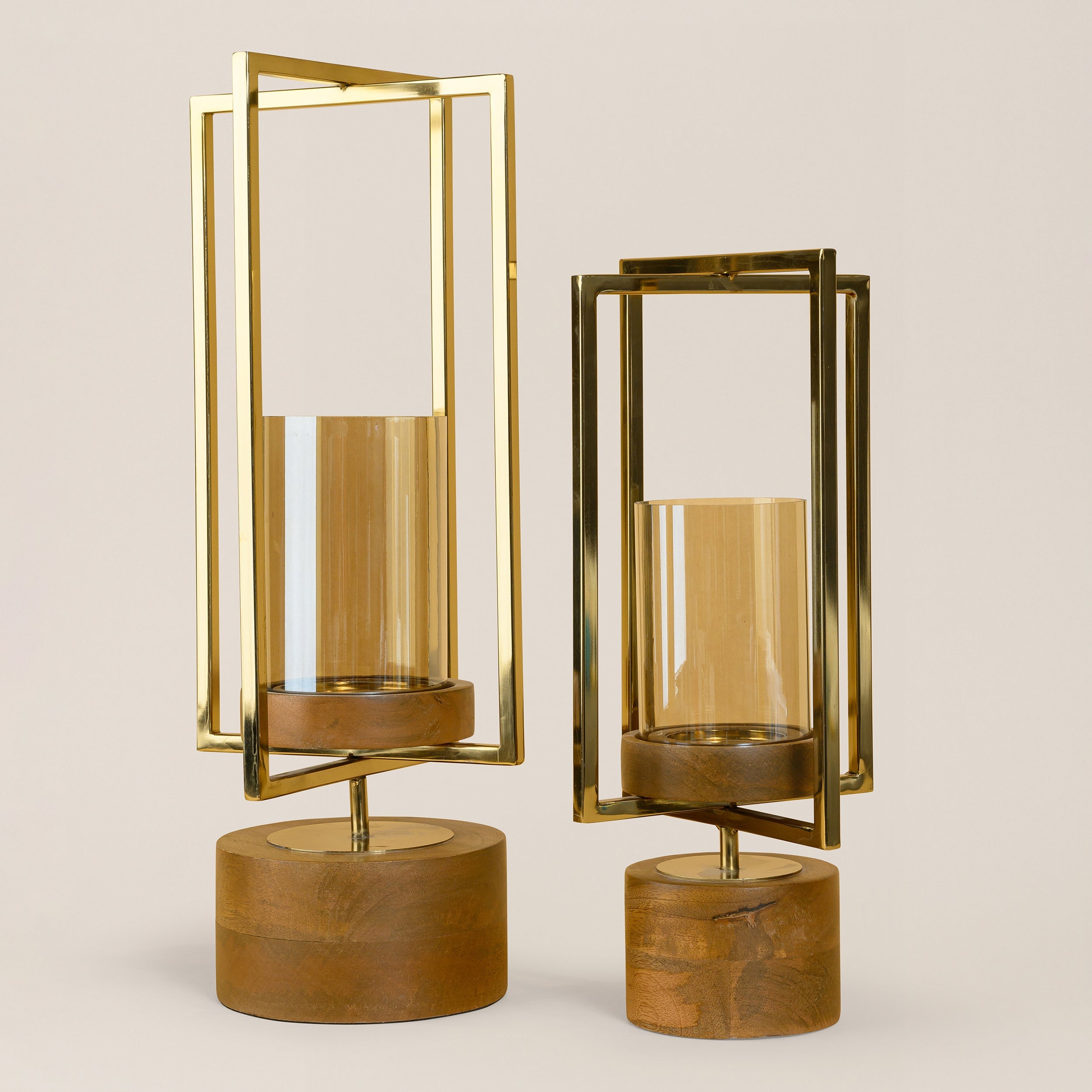SQUARE LANTERN WITH GLASS & WODEN BASE LARGE