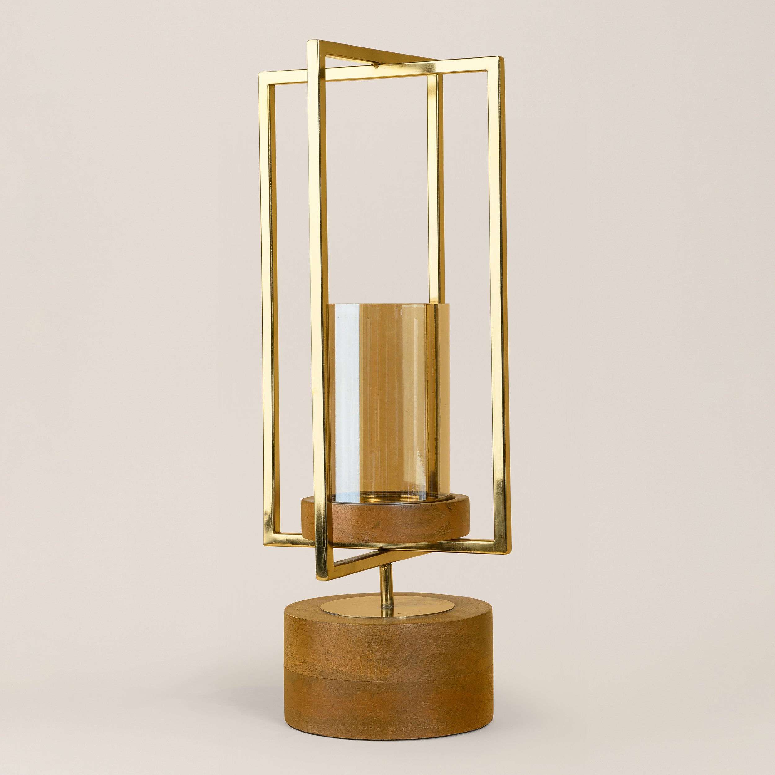 SQUARE LANTERN WITH GLASS & WODEN BASE LARGE
