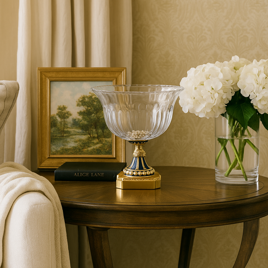Luxury Chinoiserie Crystal Pedestal Bowl – Gilded Enamel Centerpiece with Pearl Detailing