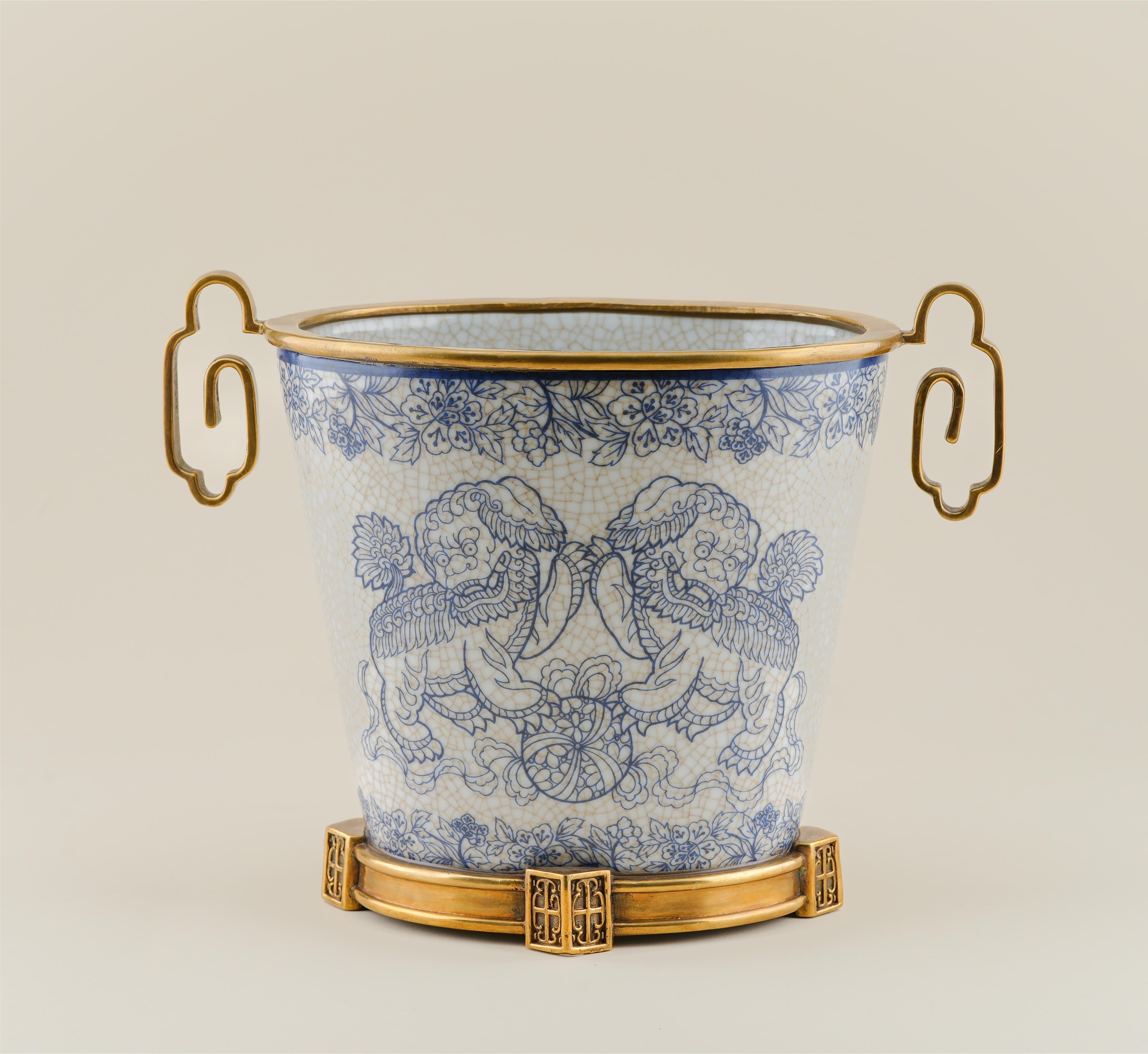 Regal Blue & White Porcelain Elephant Motif Planter with Antique Brass Handles