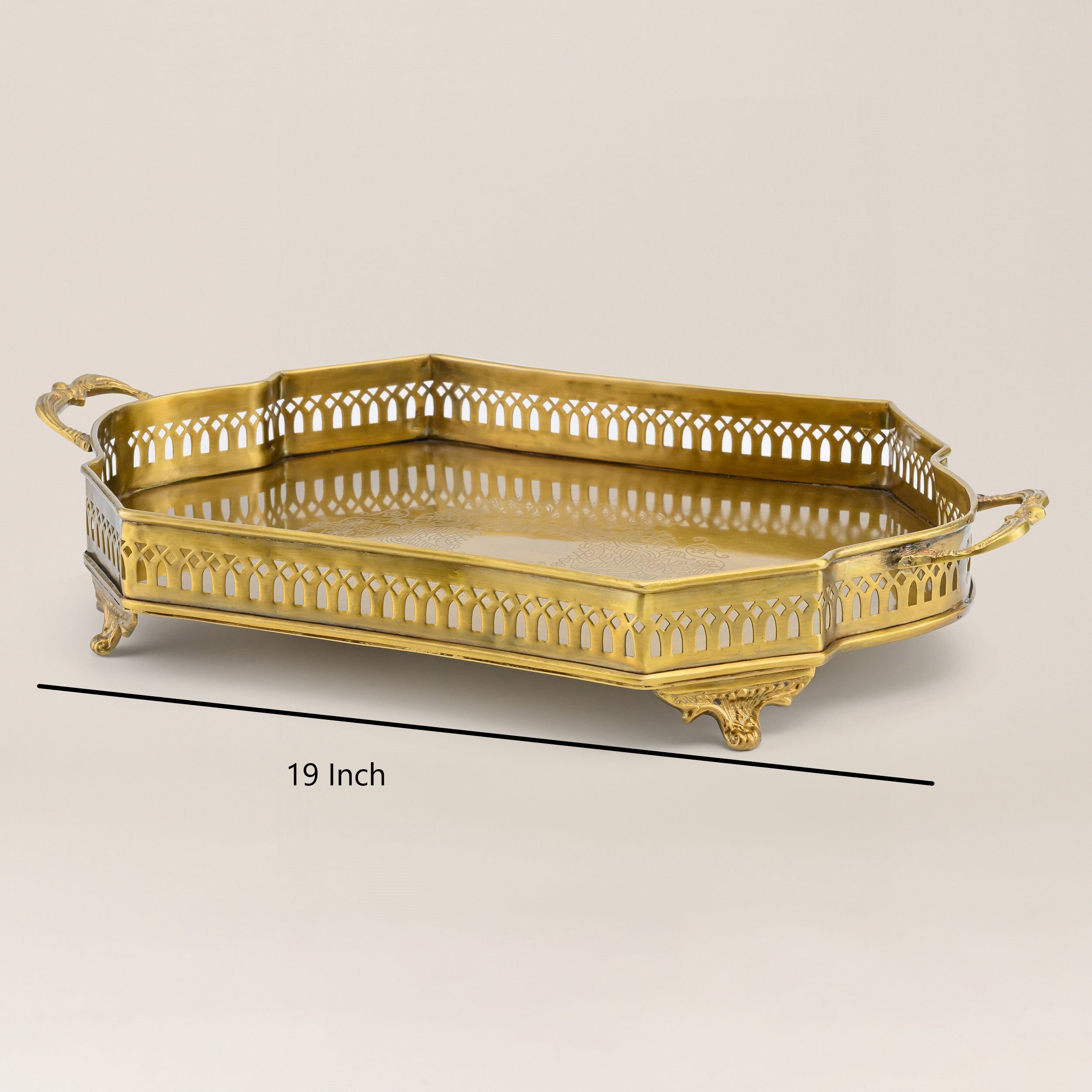 Heritage Inspired Brass Finish Tray with Ornate Filigree and Regal Handles