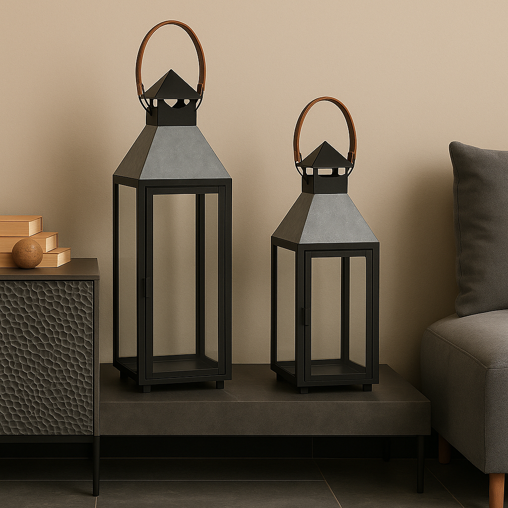 MILD STEEL LANTERN WITH LEATHER HANDLE  SMALL