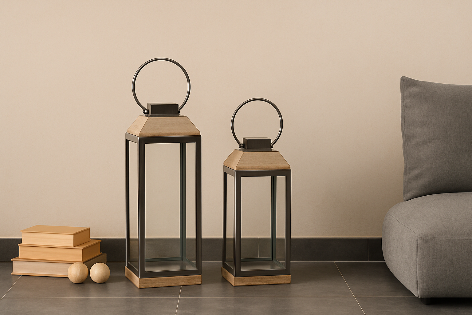 STAINLESS STEEL LANTERN WITH WOODEN BASE SMALL