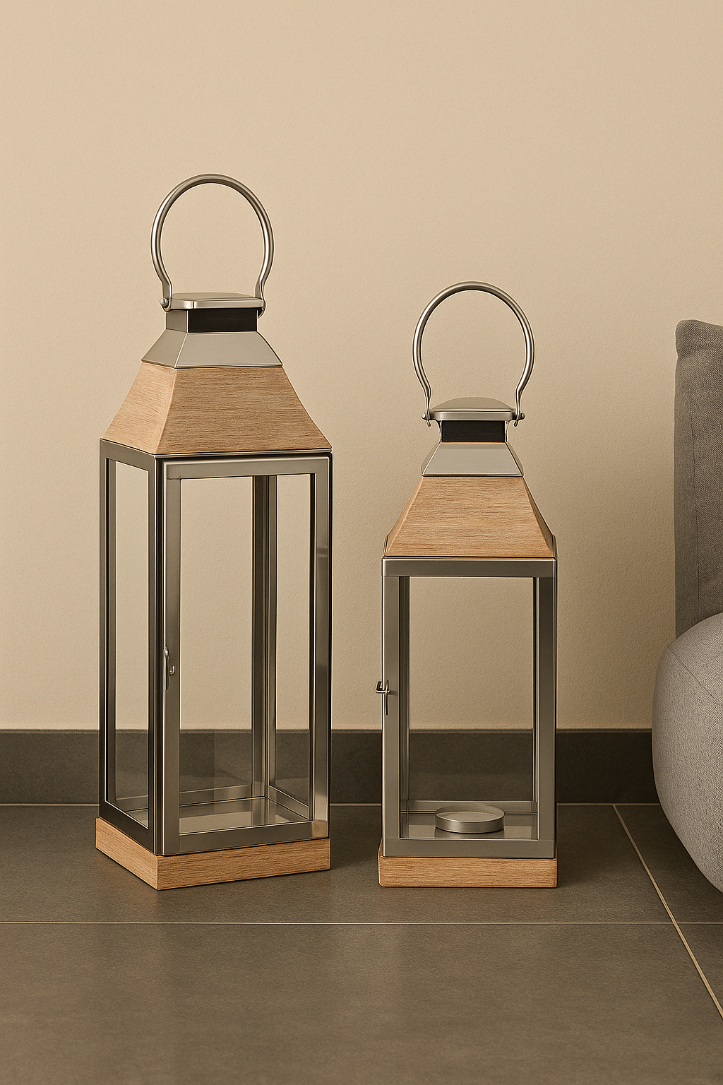 STAINLESS STEEL  LANTERNS WITH WOODEN BASE LARGE