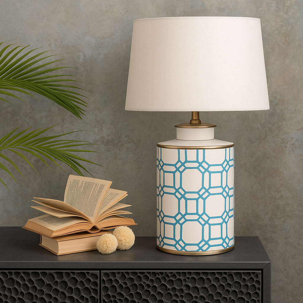 Handpainted White & Blue Metal Table Lamp – Geometric Art Décor for Modern Homes