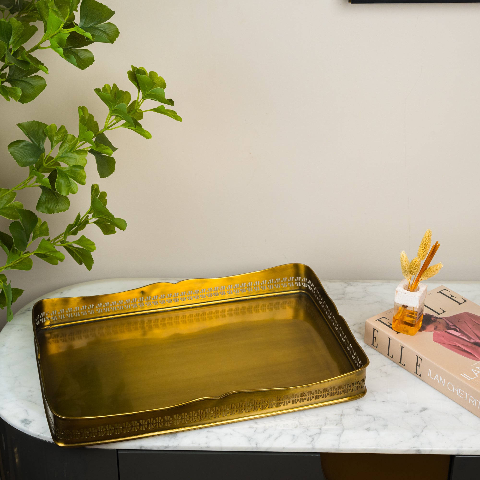Kasa Holzer Antique Brass Retangular Tray with Perforated Trim