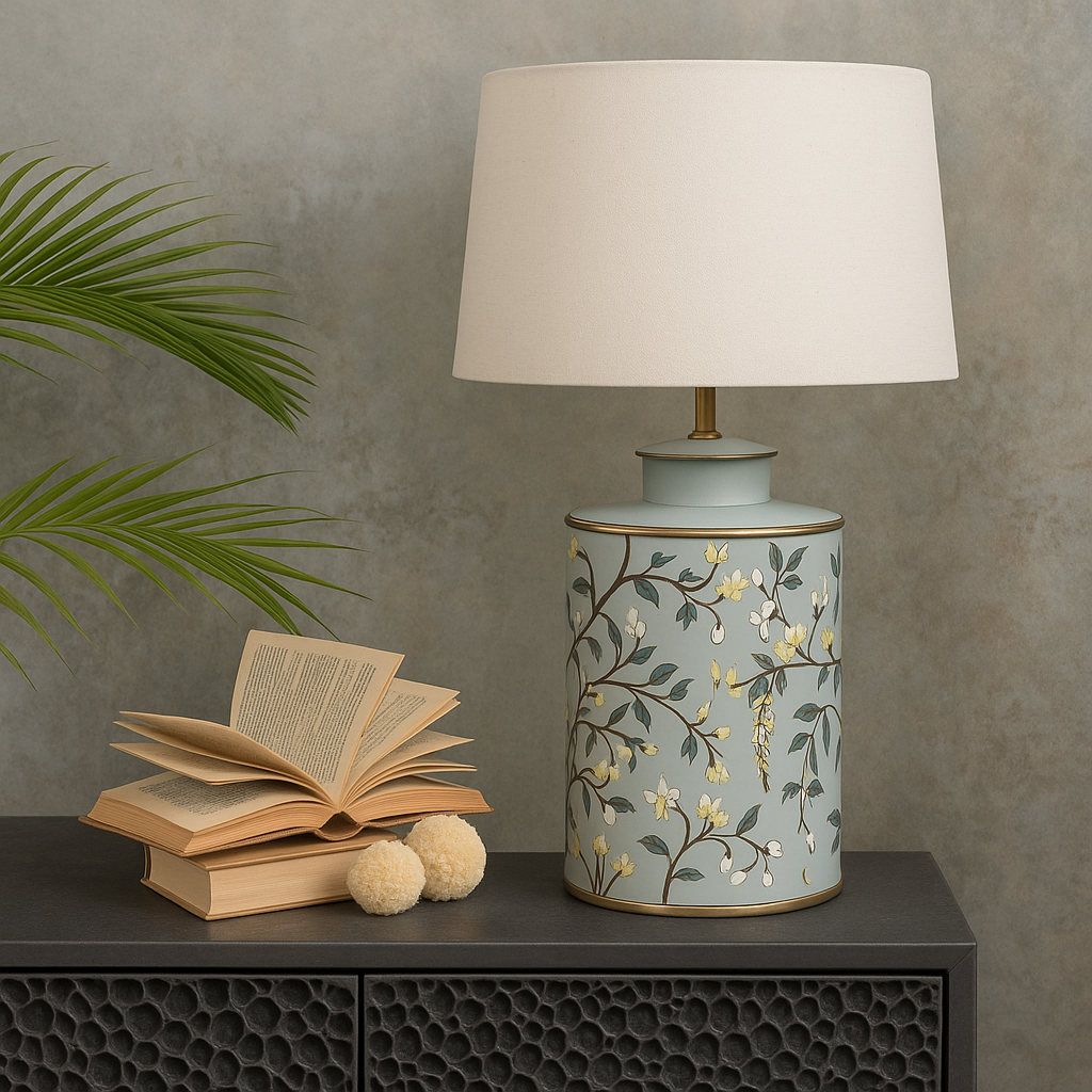 Handpainted Grey Metal Table Lamp – Floral Art Décor for Elegant Interiors