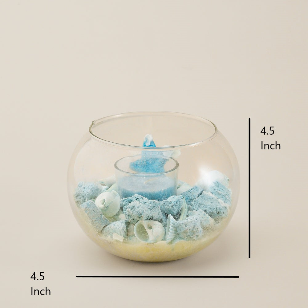 Elegant Blue Candle Holder with Decorative Stones – Glass Tealight Holder for Home & Office Decor