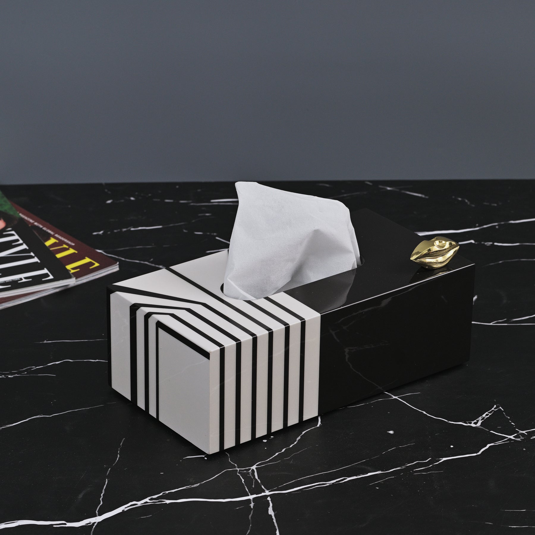 BLACK AND WHITE STRIPED TISSUE BOX HOLDER 