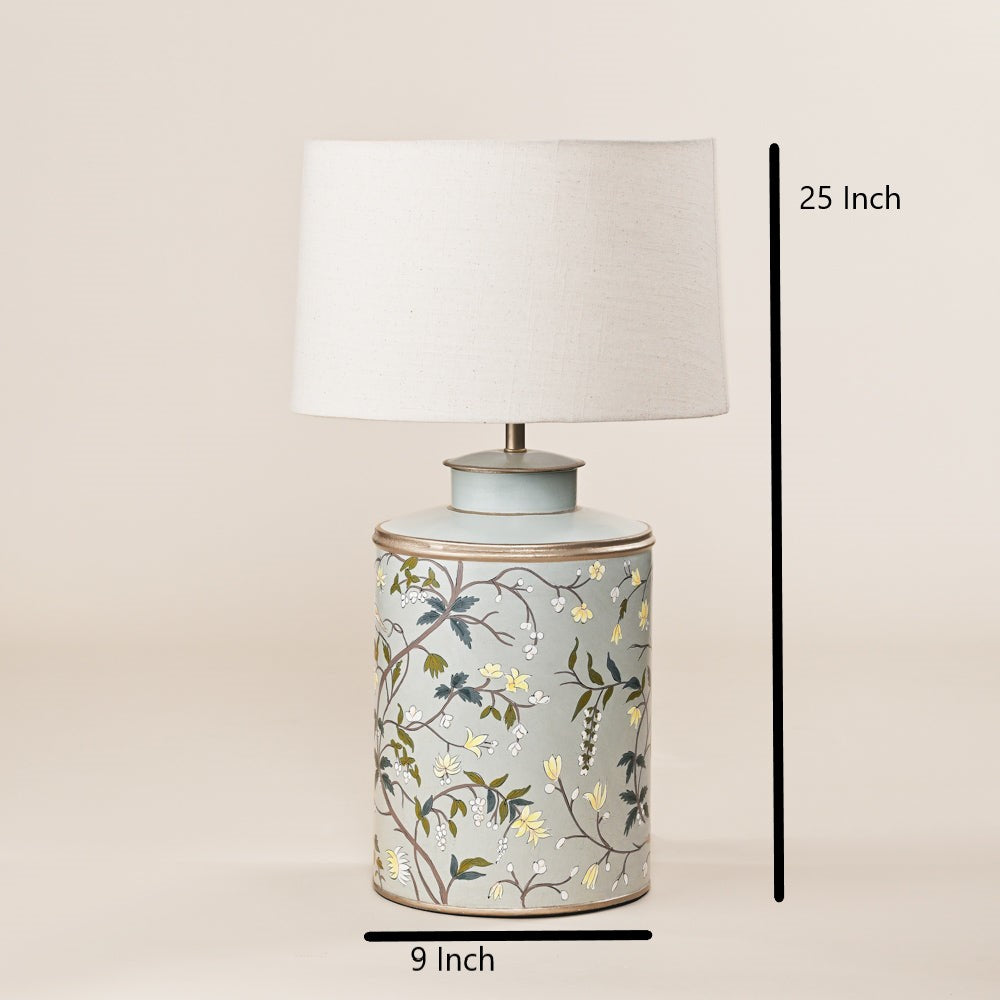 Handpainted Grey Metal Table Lamp – Floral Art Décor for Elegant Interiors