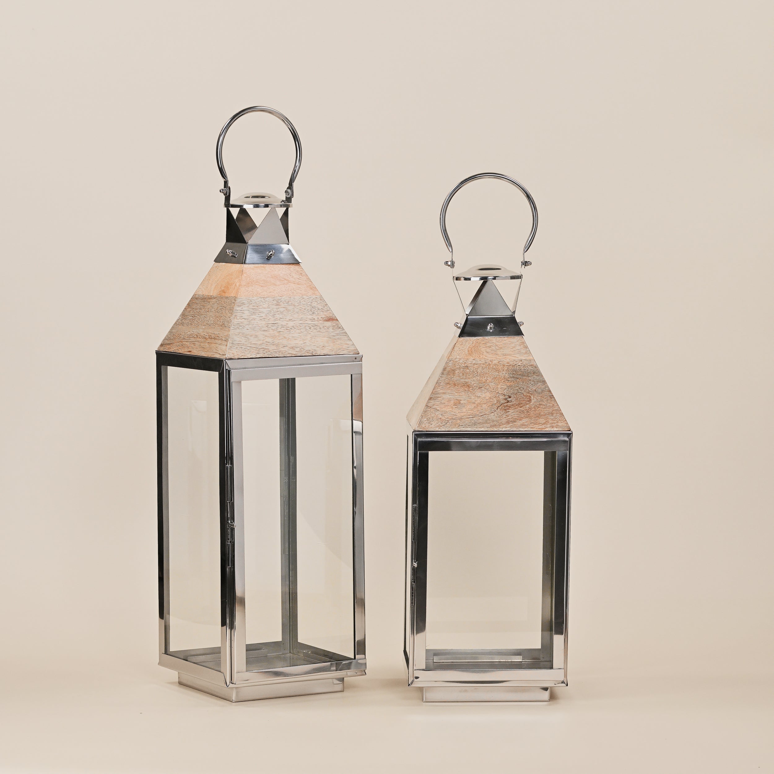 STAINLESS STEEL & WOODEN LANTERNS LARGE  