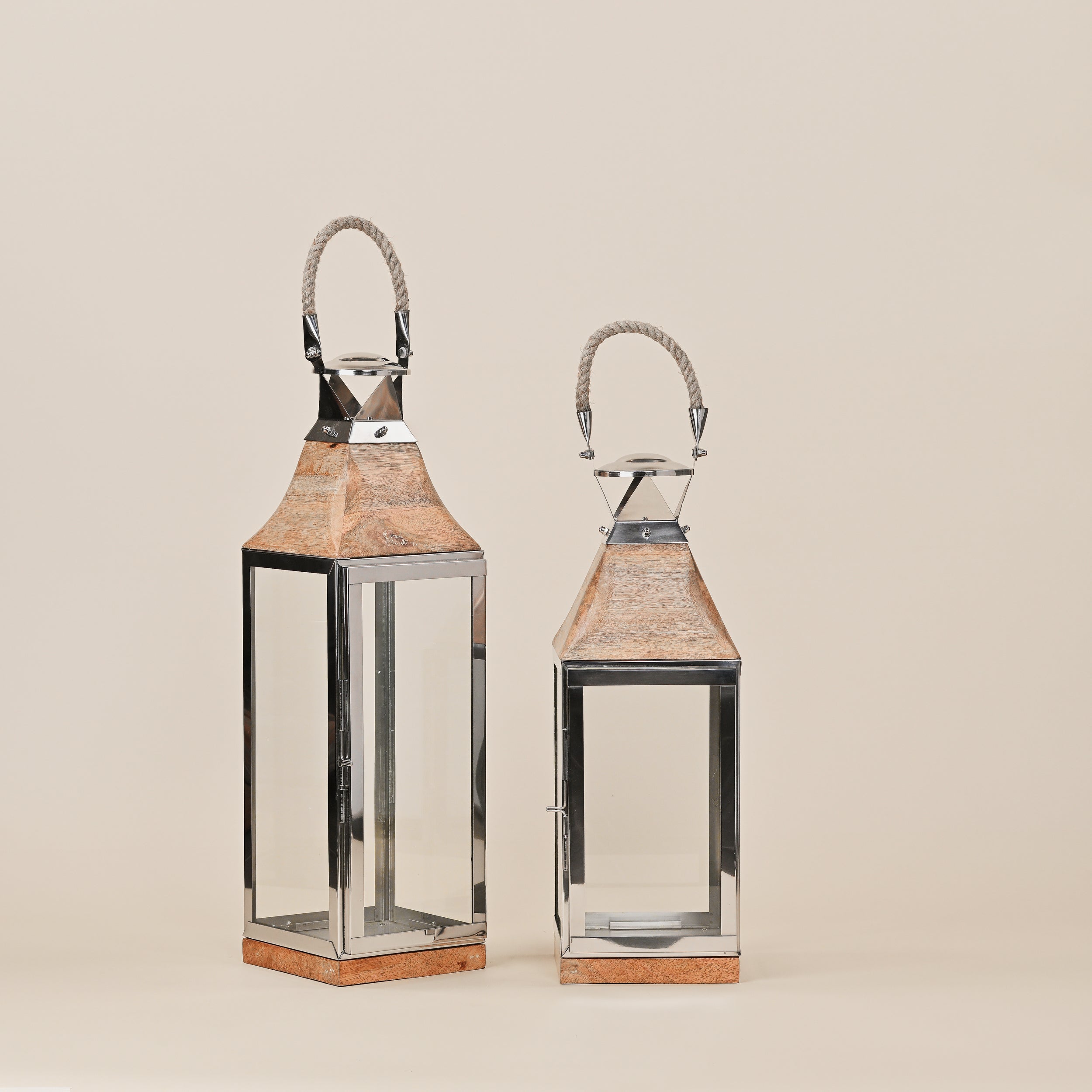 STAINLESS STEEL & WOODEN LANTERNS SMALL