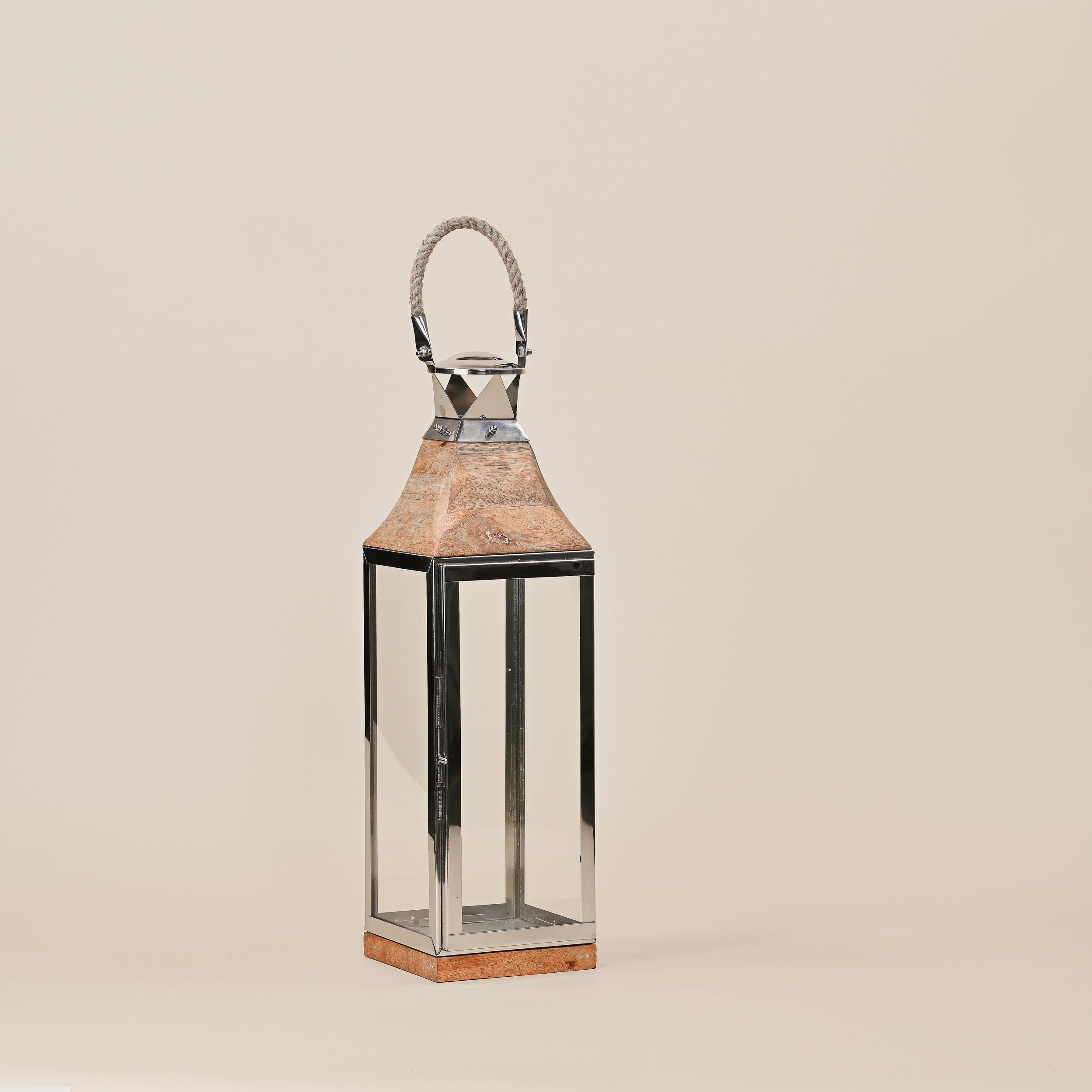 STAINLESS STEEL &  LANTERNS WITH WOODEN BASE LARGE 