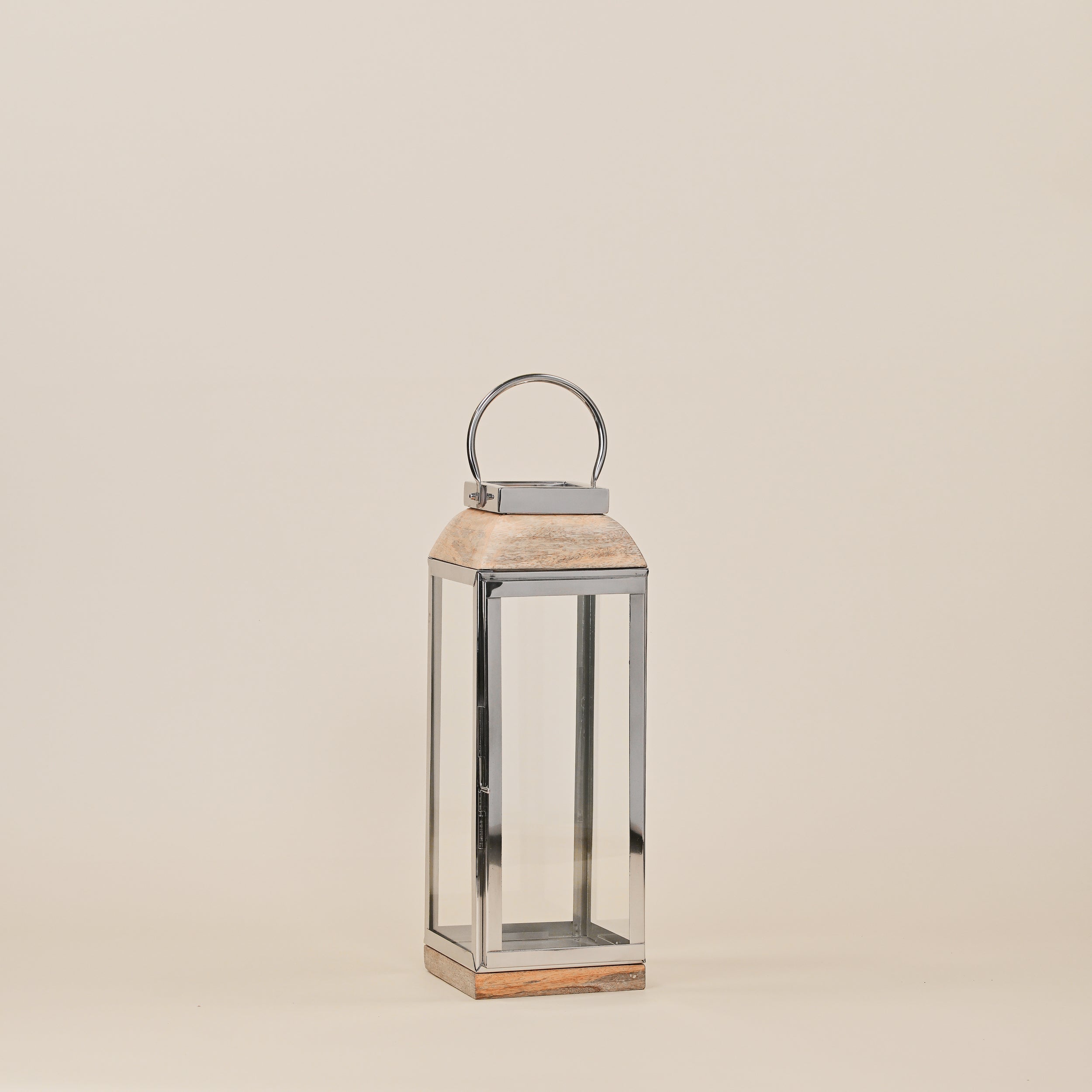 STAINLESS STEEL &  LANTERNS WITH WOODEN BASE LARGE 