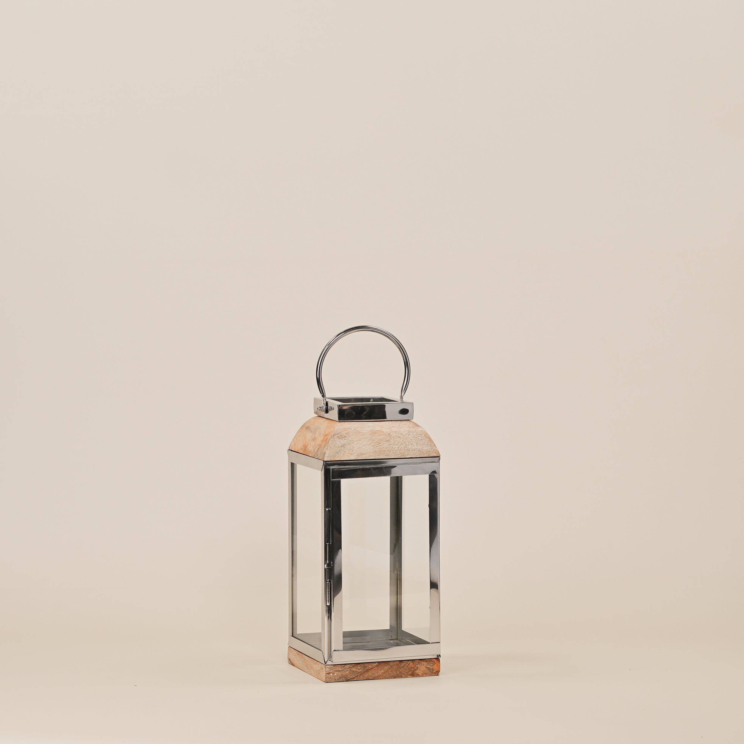 STAINLESS STEEL LANTERN WITH WOODEN BASE SMALL