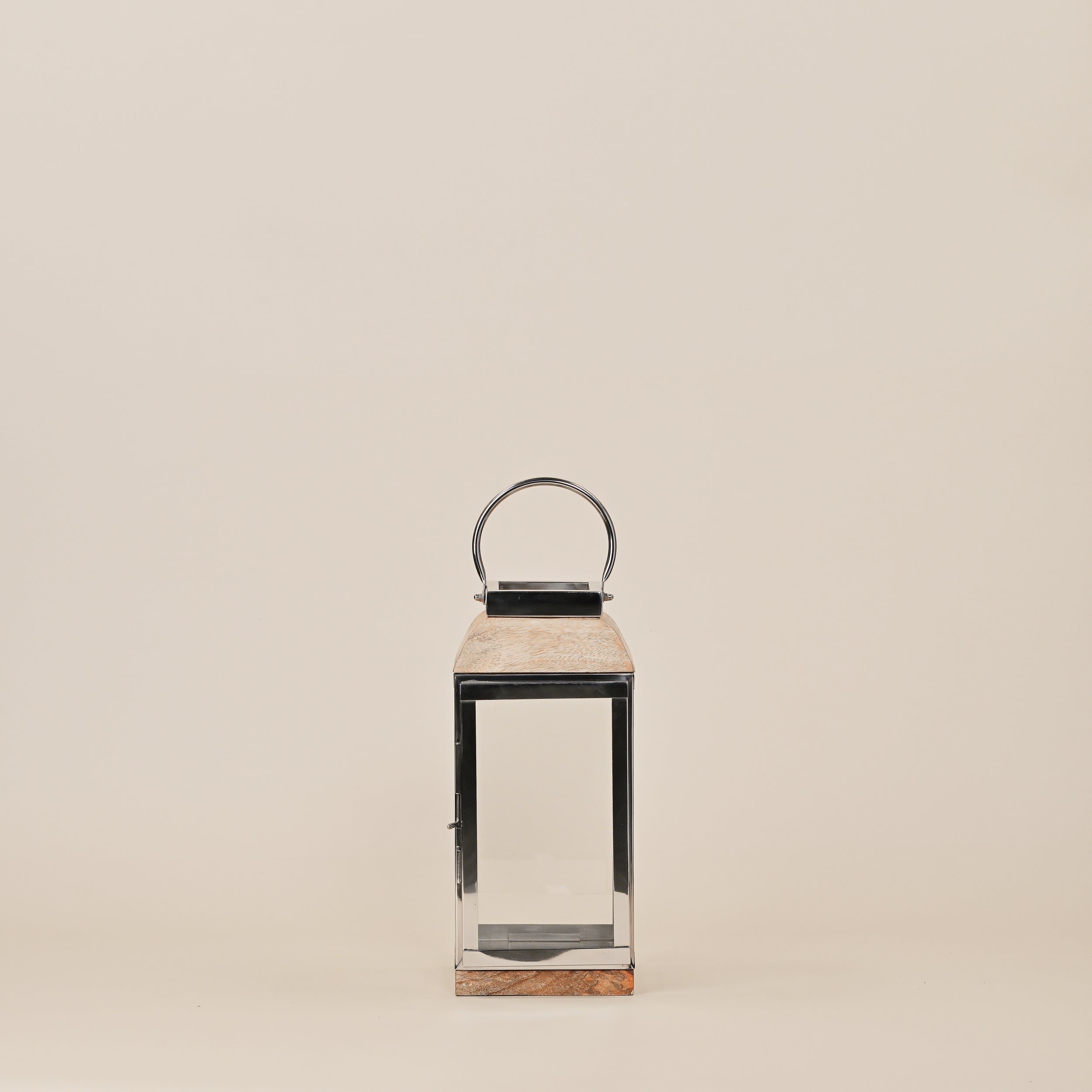 STAINLESS STEEL LANTERN WITH WOODEN BASE SMALL