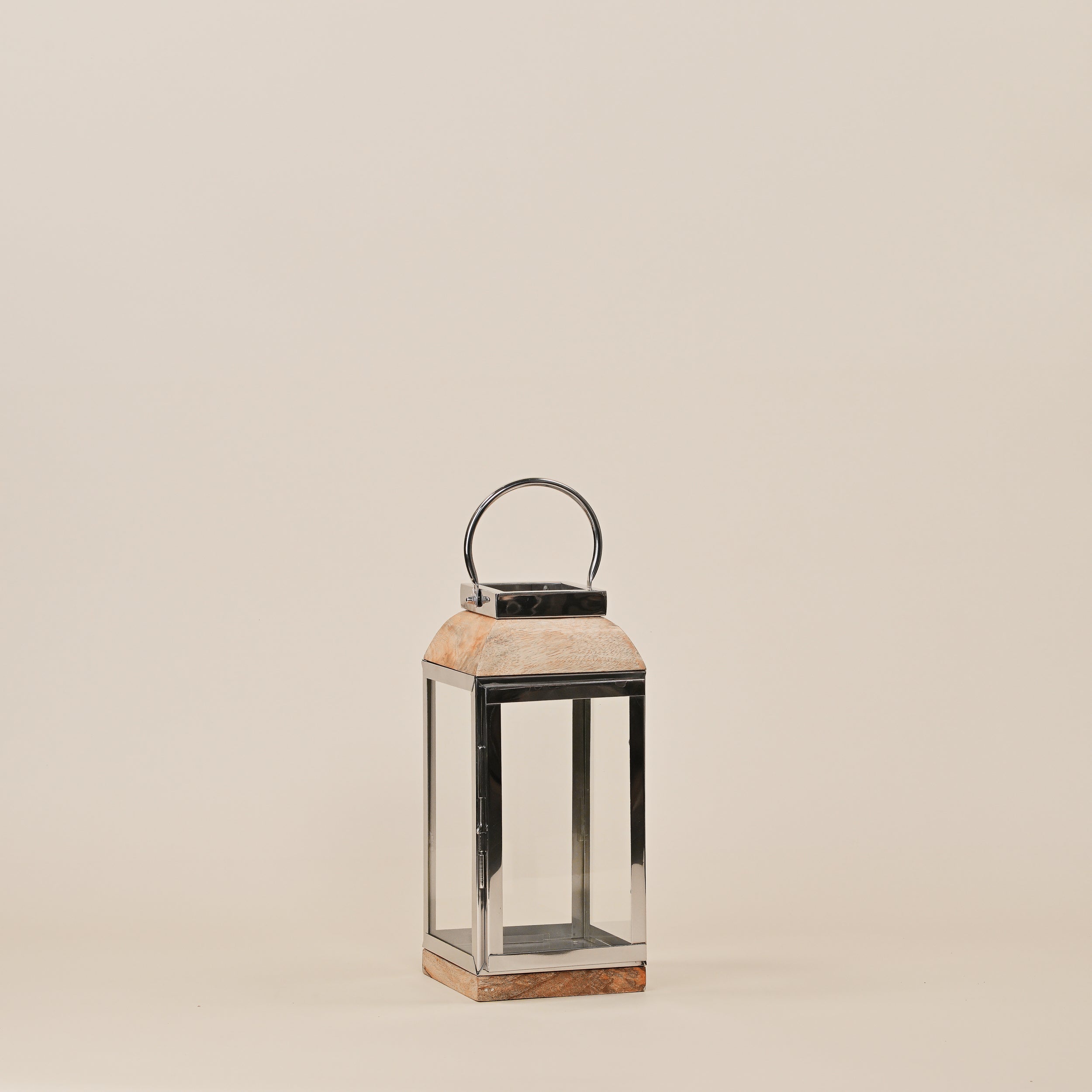 STAINLESS STEEL LANTERN WITH WOODEN BASE SMALL