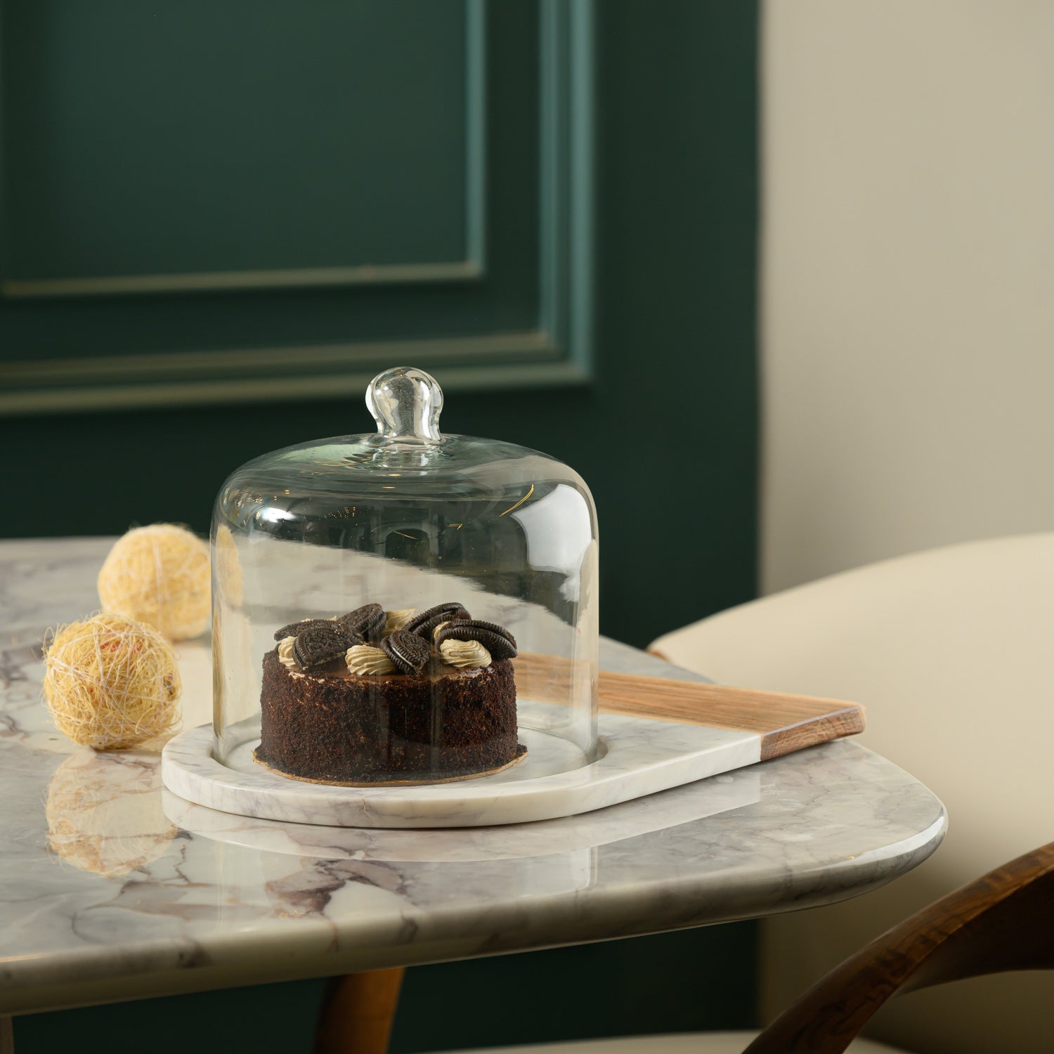 WHITE MARBLE AND WOOD CAKE STAND WITH DOME