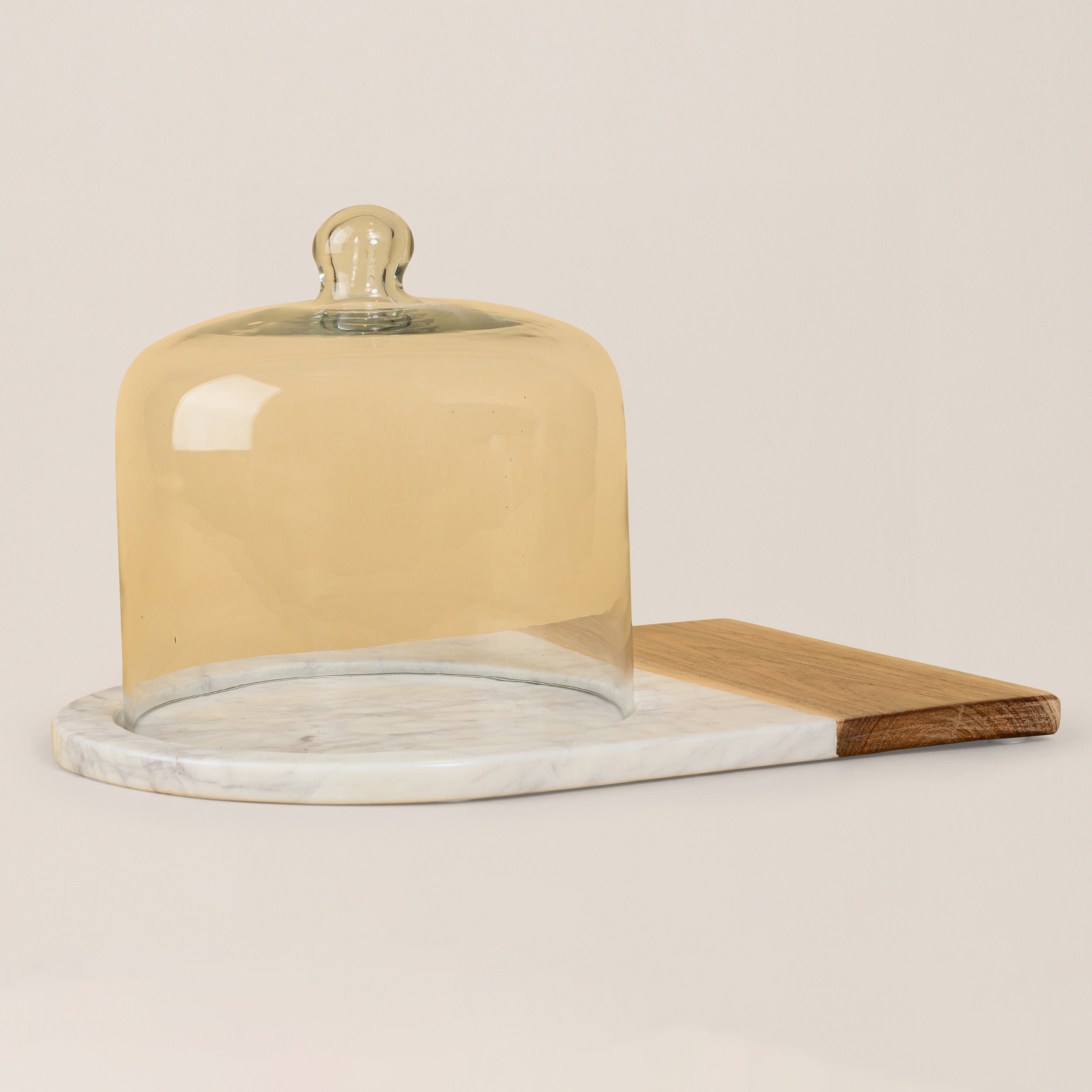 WHITE MARBLE AND WOOD CAKE STAND WITH DOME