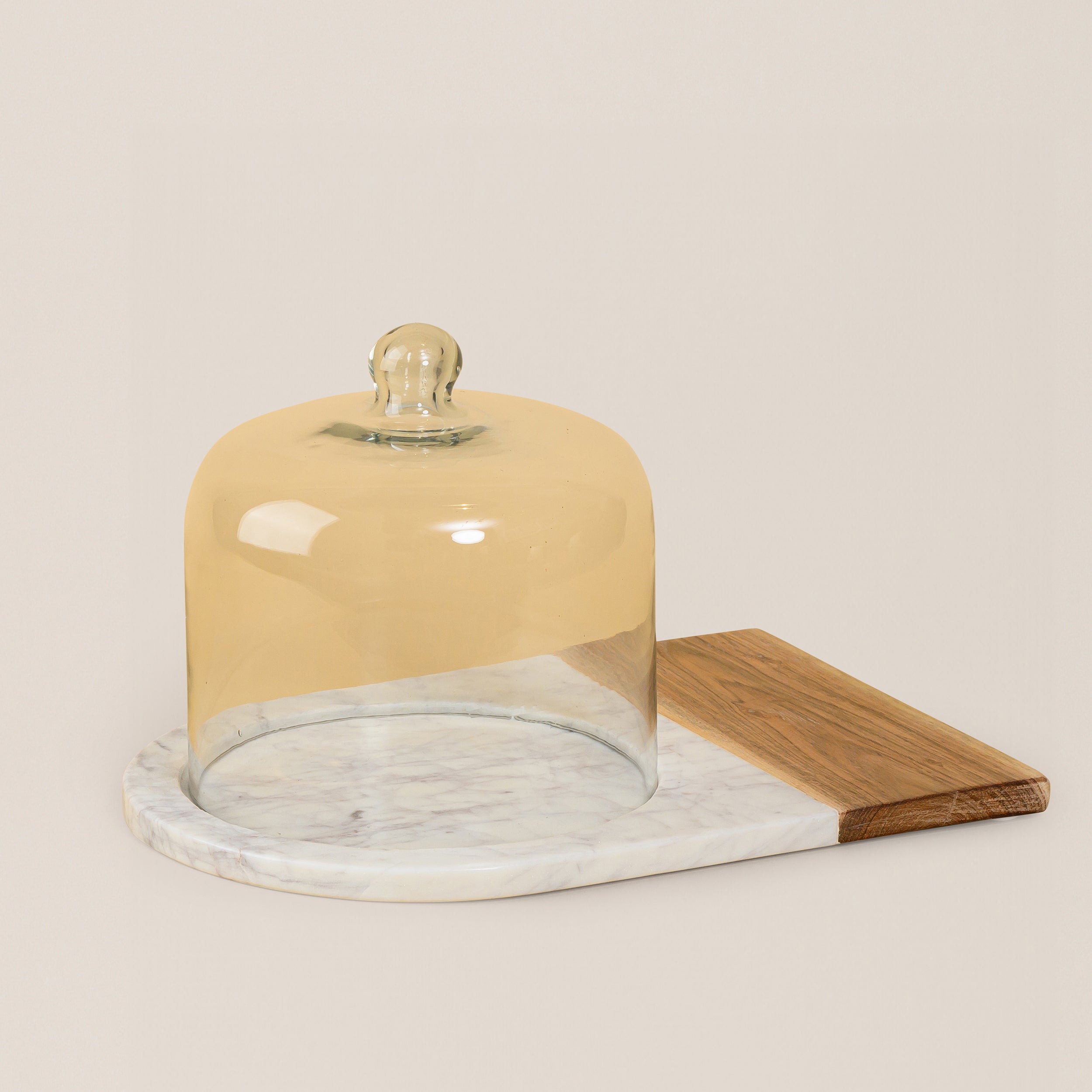 WHITE MARBLE AND WOOD CAKE STAND WITH DOME