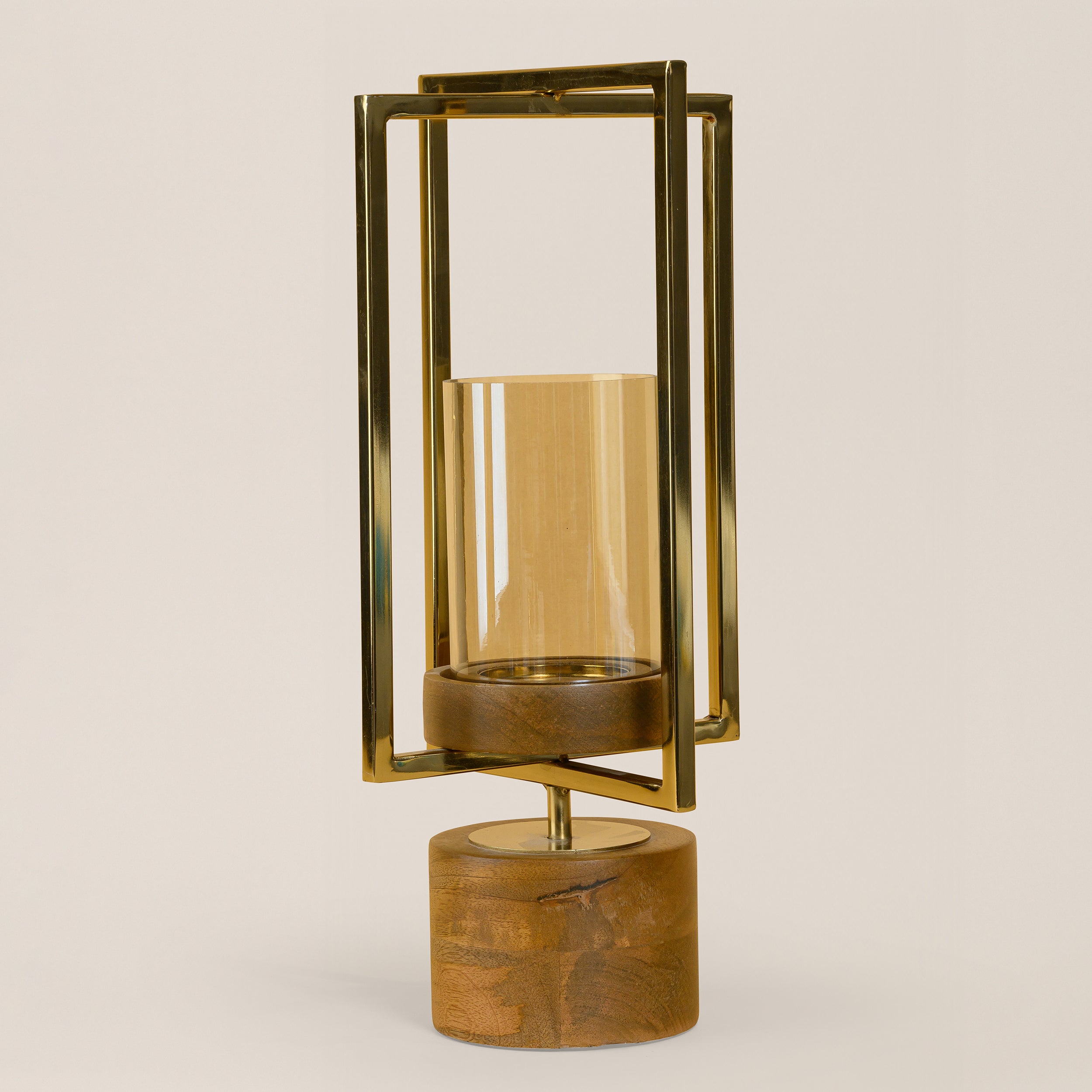 SQUARE LANTERN WITH GLASS & WODEN BASE SMALL