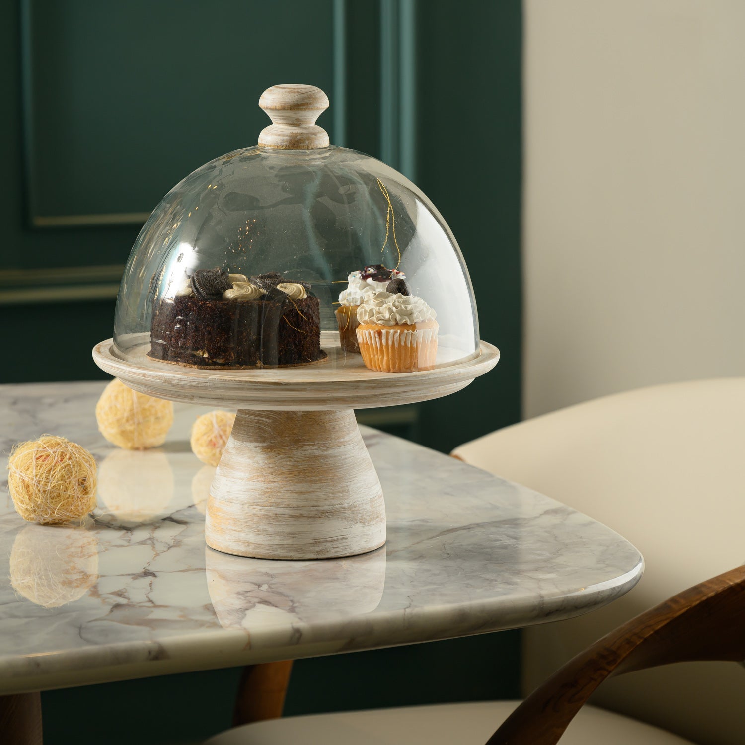 WOODEN PEDESTAL CAKE STAND WITH GLASS DOME