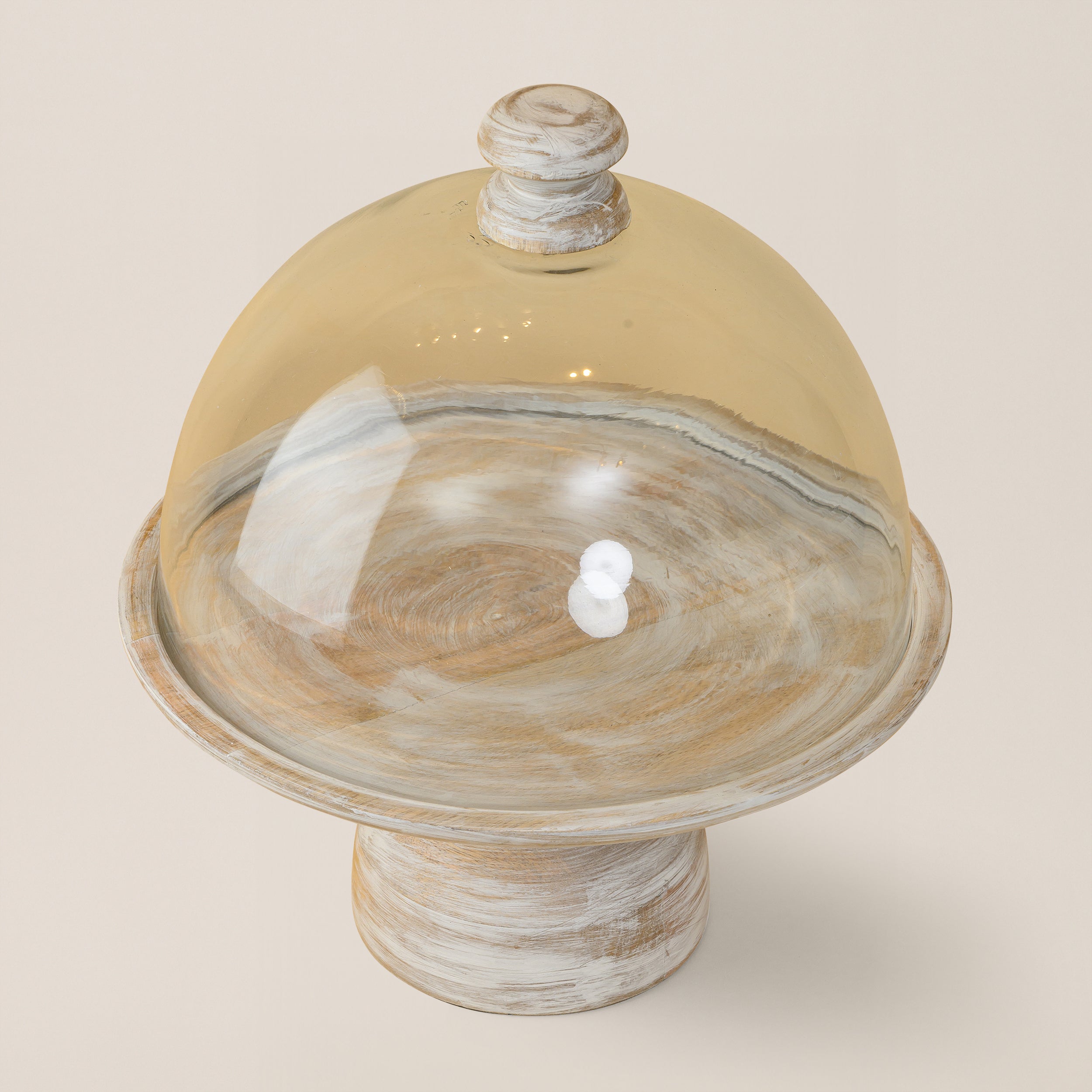 WOODEN PEDESTAL CAKE STAND WITH GLASS DOME