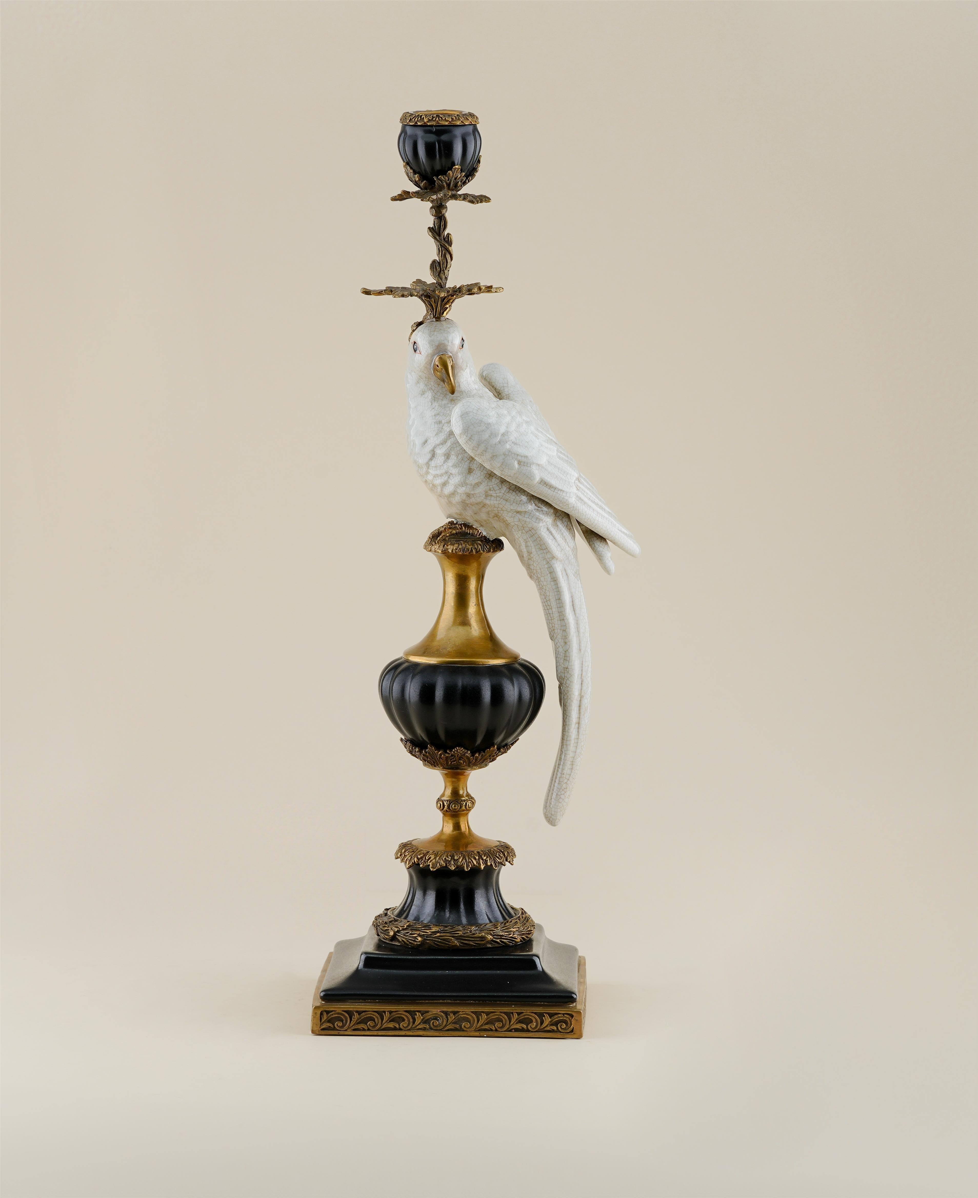 Regal Parrot Sculpture Candle Holder – Black & Gold Finish